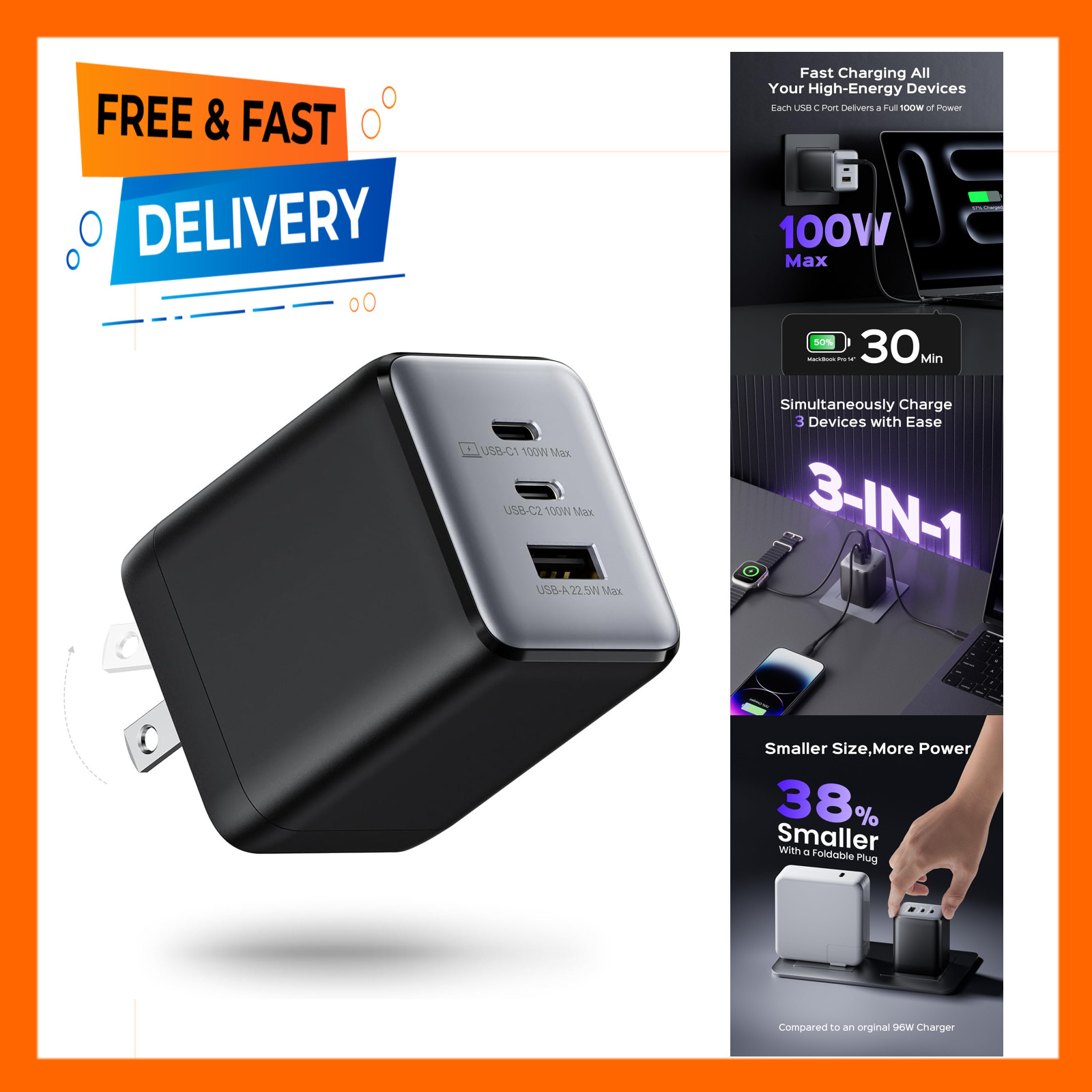 100W USB C Charger Block, 3 Port Fast Charging Wall Adapter for MacBook iPad