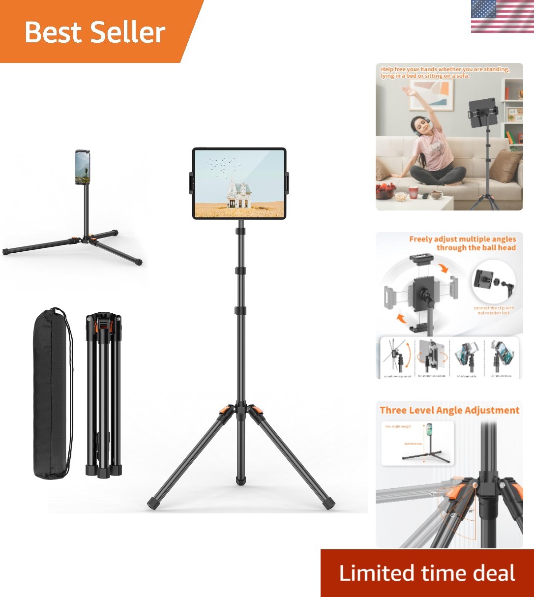 Stable 72" Height Adjustable Tablet Tripod for Streaming and Recording