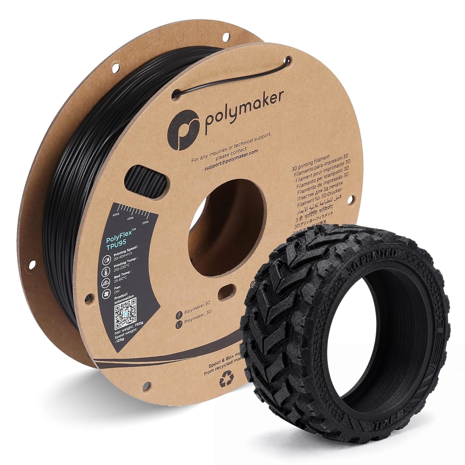 Polymaker TPU 95A Flexible 3D Printer Filament 1.75mm 0.75kg Black High Speed
