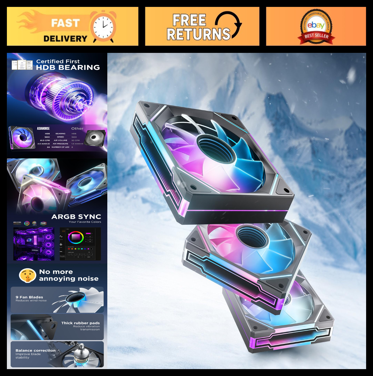 AMICI-5GT RGB PC Fans, Infinity Mirror ARGB Fans HDB Bearing Fan Speeds Up to