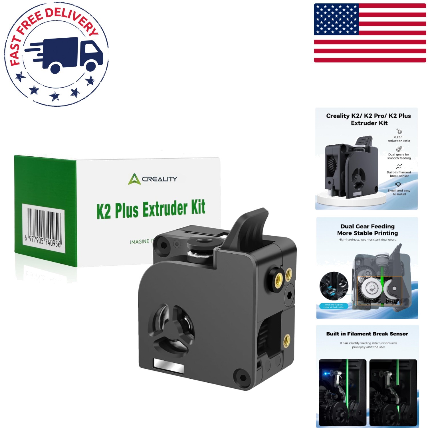 K2 Plus Extruder Kit with Dual Gears & Filament Break Sensor – High Torque 80N