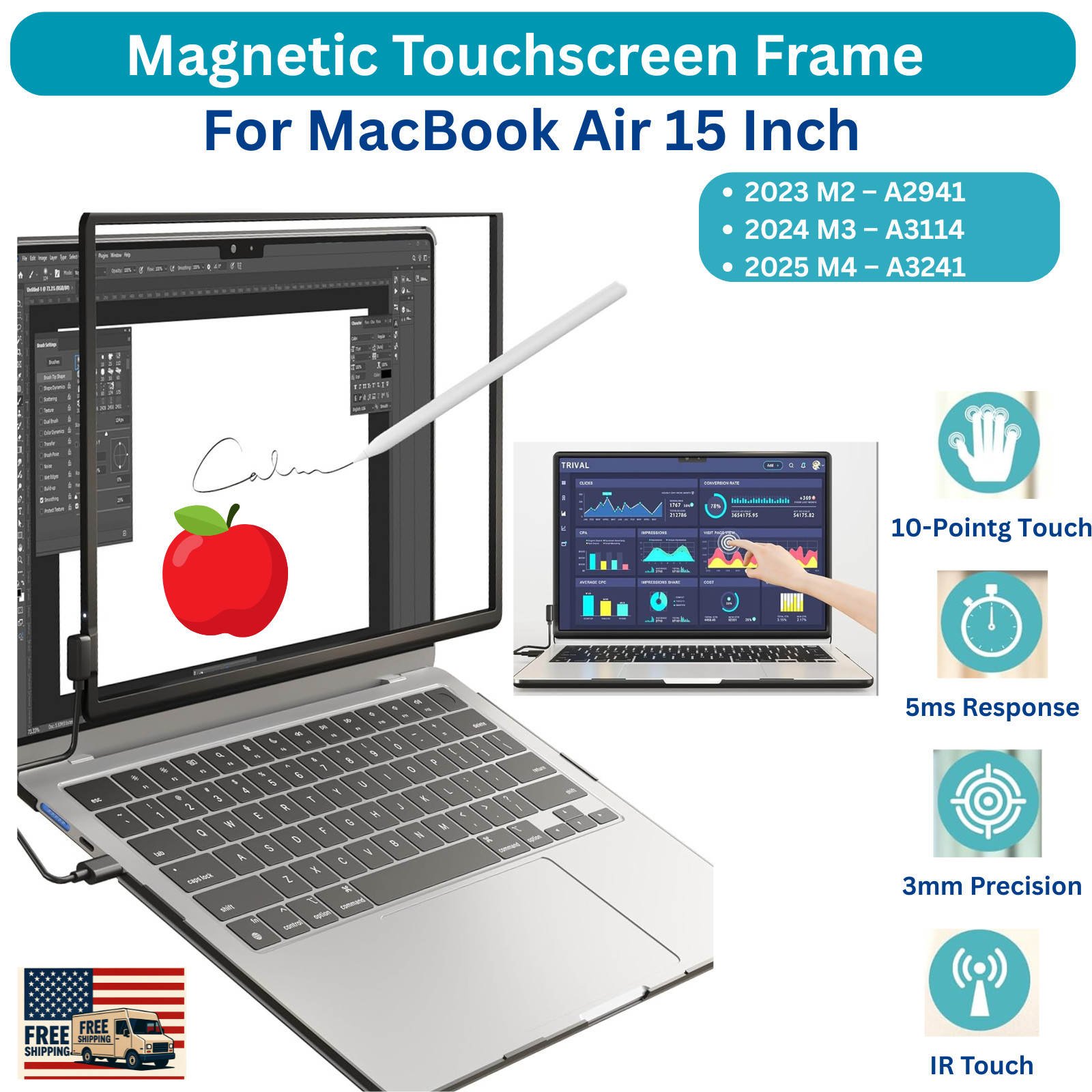 MacBook Air 15” Magnetic Touchscreen Frame IR Multi-Touch Plug & Play
