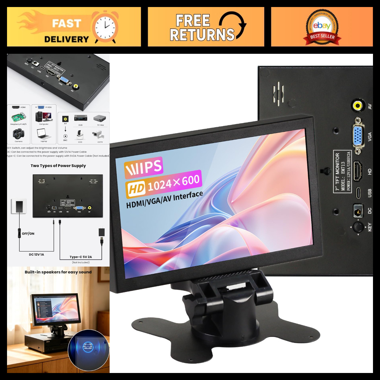 7" Portable HDMI Monitor, 1024x600 LCD, Multi-Function VGA Display, Built-in Spe