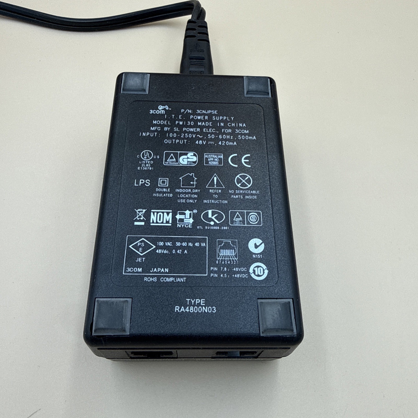 3Com AC Adapter For Hubs And Switches 48V I.T.E. Power Supply