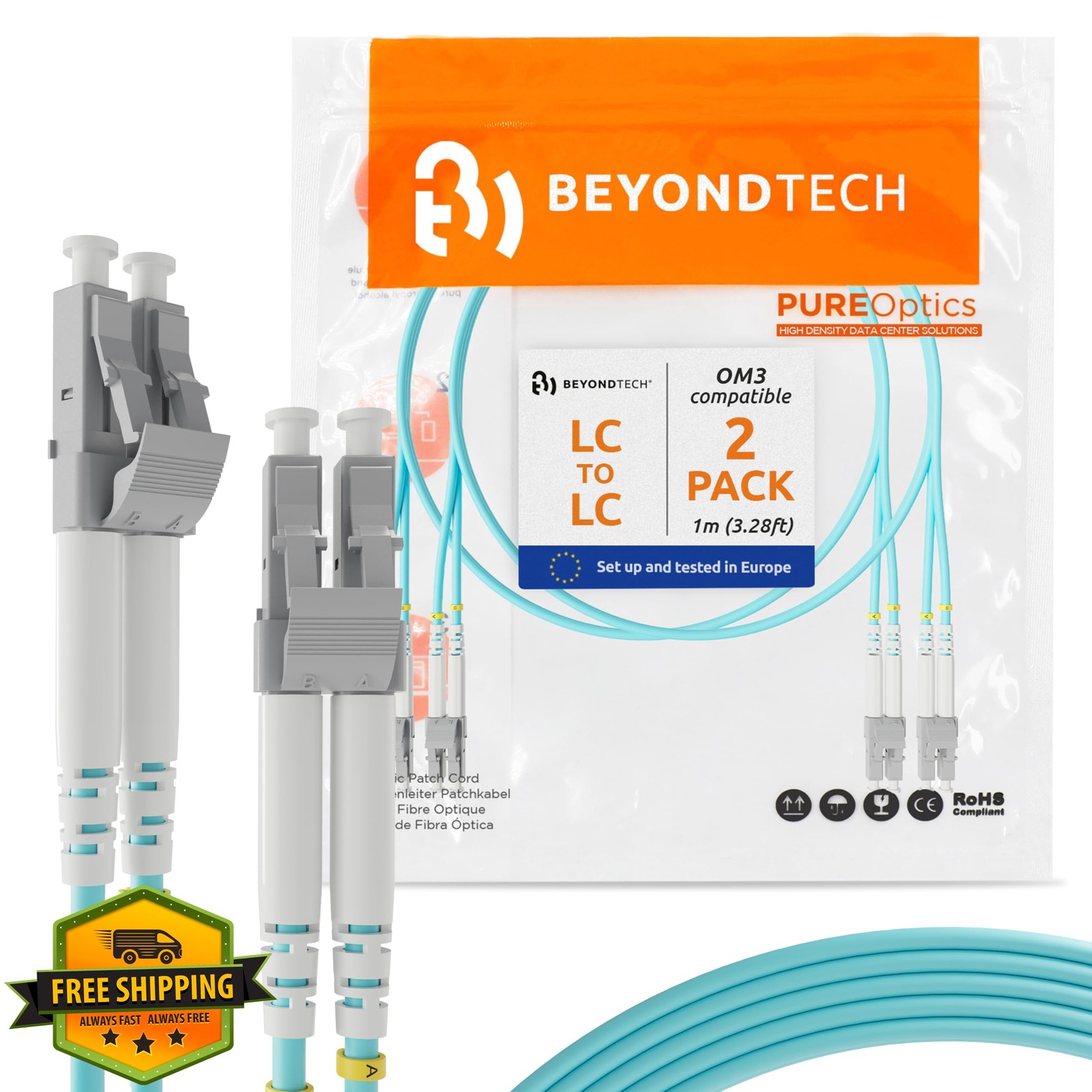 BEYONDTECH 1m 3ft OM3 Duplex Patch Cable 2-Pack
