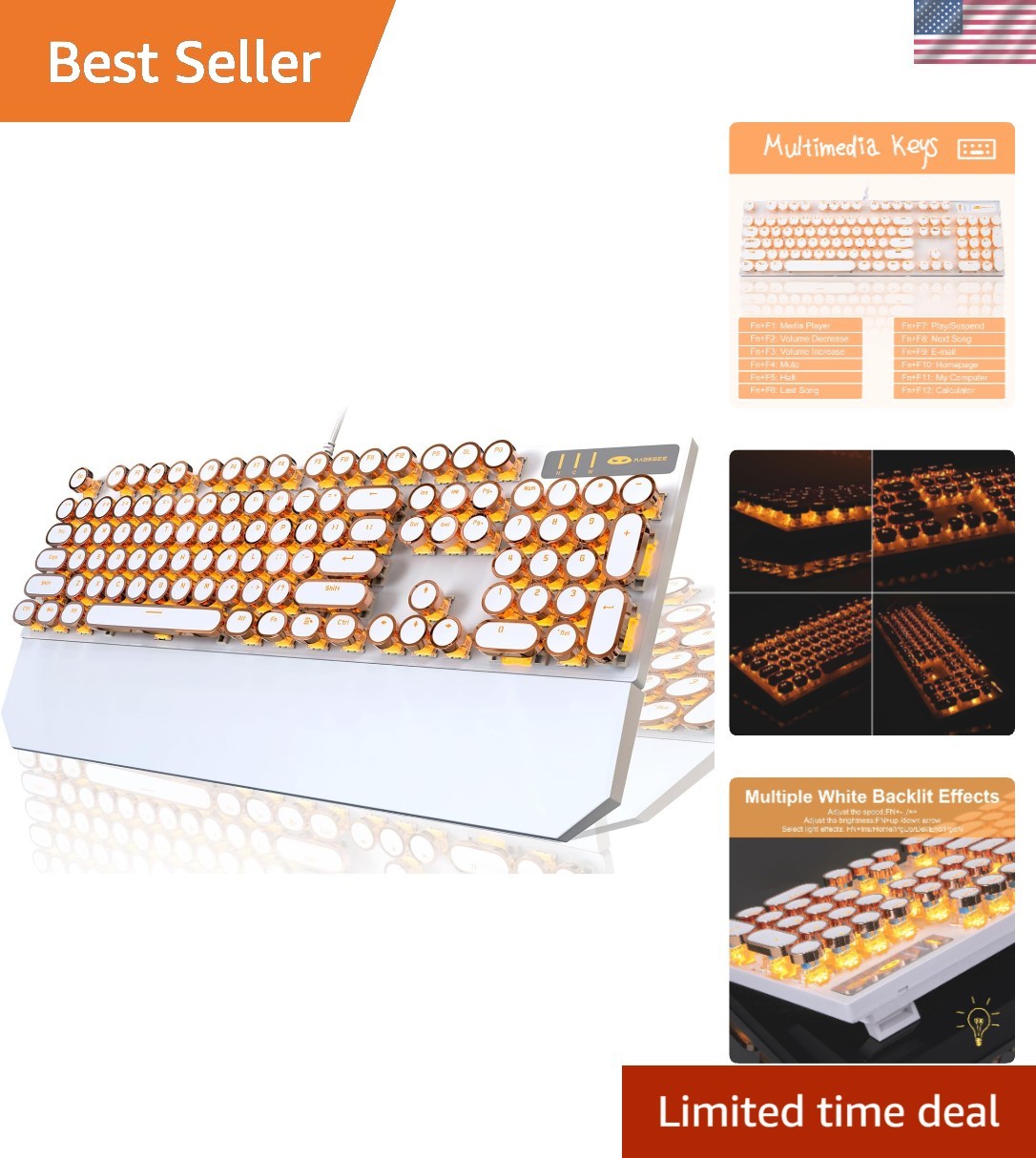 104 Keys Blue Switch Mechanical Keyboard with Gold Backlighting - Retro Charm