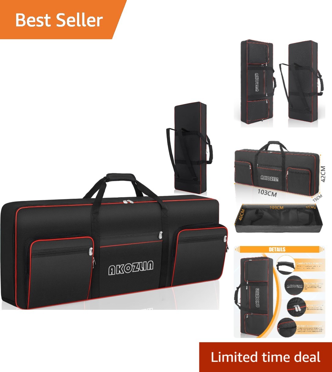 Water-Resistant 61 Key Piano Bag with Multiple Compartments for Accessories
