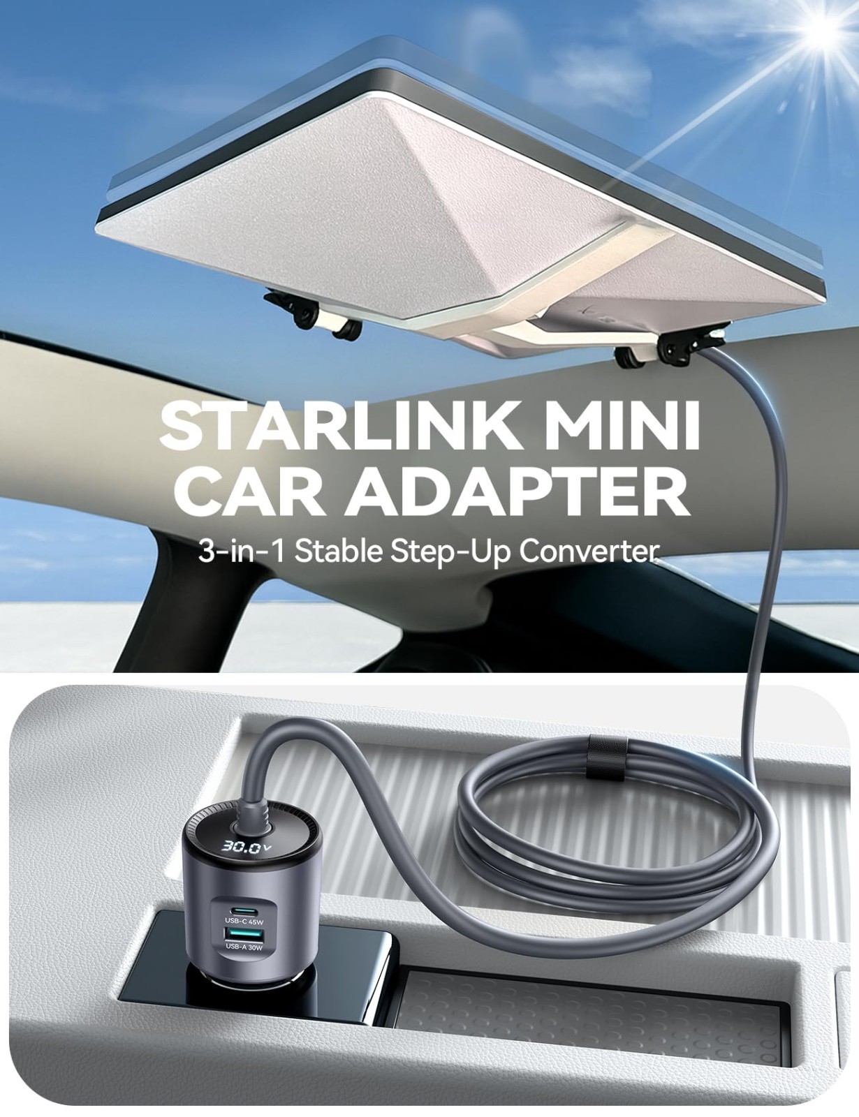 JOYROOM Starlink Mini Car Adapter 30V Step-Up DC Power Supply PD 45W USB LED RV