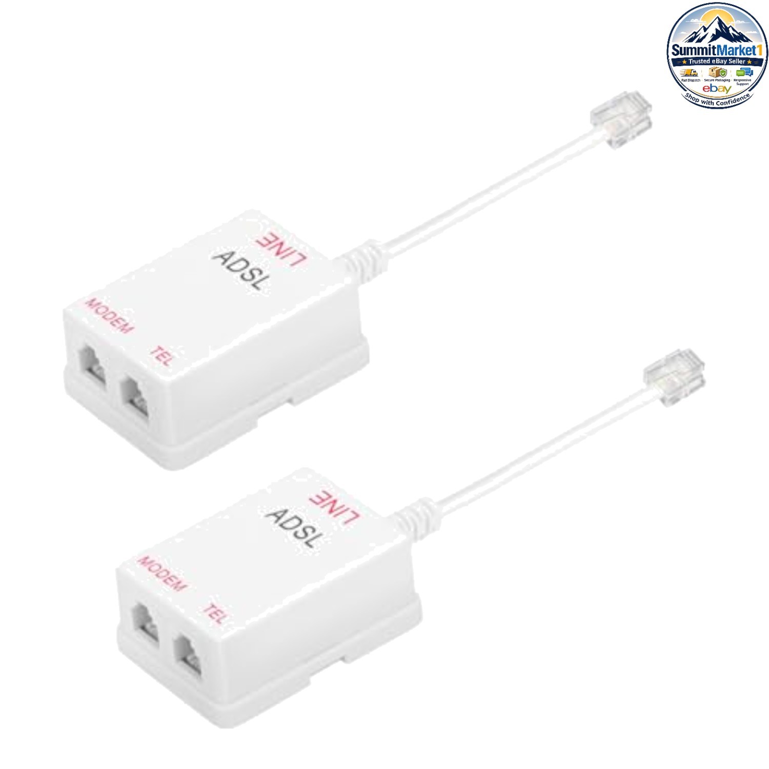 ADSL DSL Phone Line Filter Splitter White 2 Pack RJ11 6P2C 1 in 2 Out
