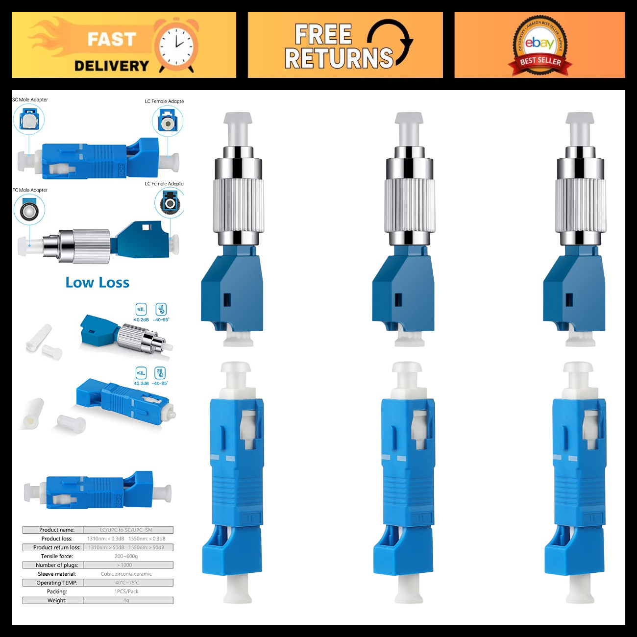 3PC FC Male to LC Female Optical Fiber Converter Adapter + 3PC LC Female to SC M