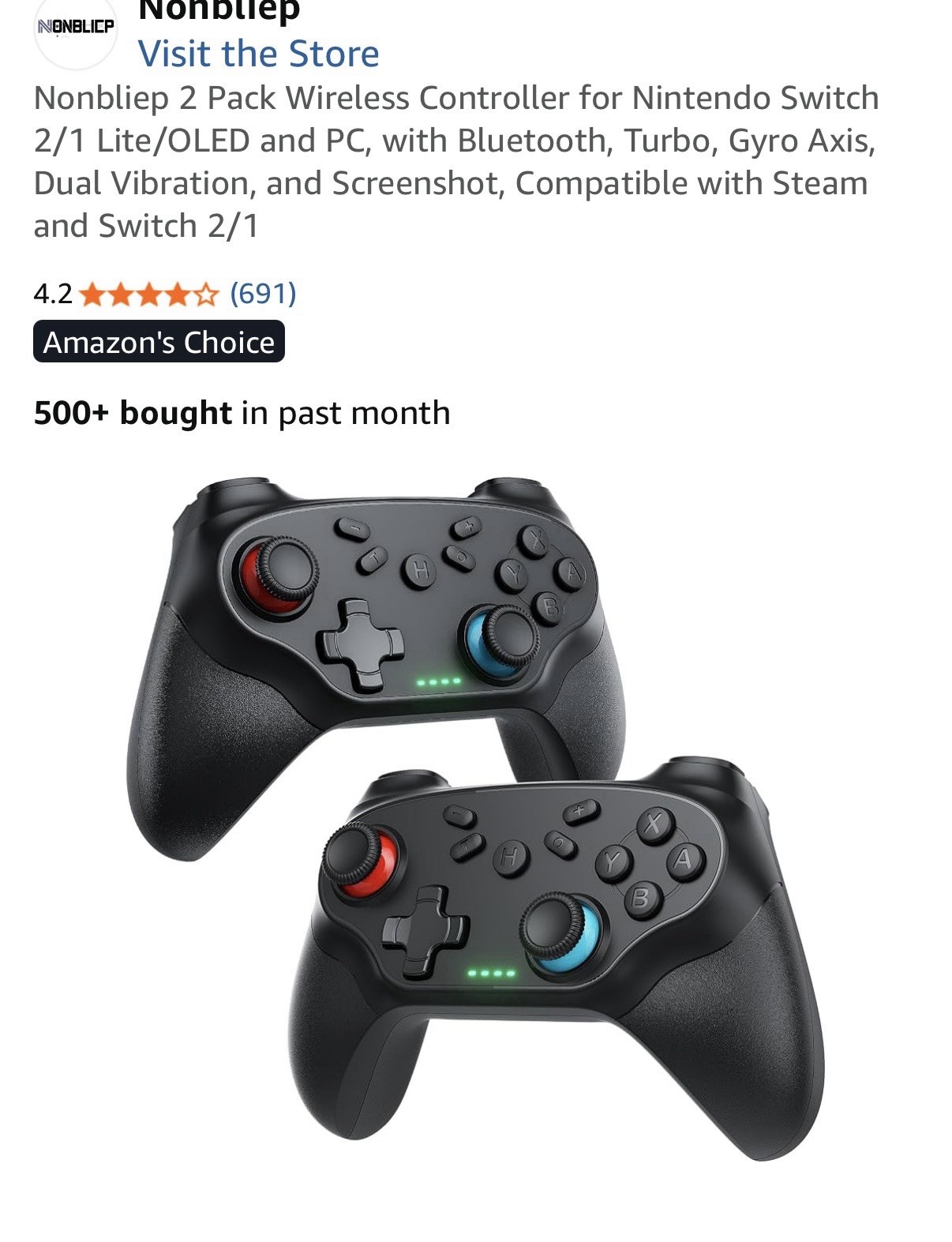 Nonbliep 2 Pack Wireless Controller for Nintendo Switch 2/1 Lite/OLED and PC,...