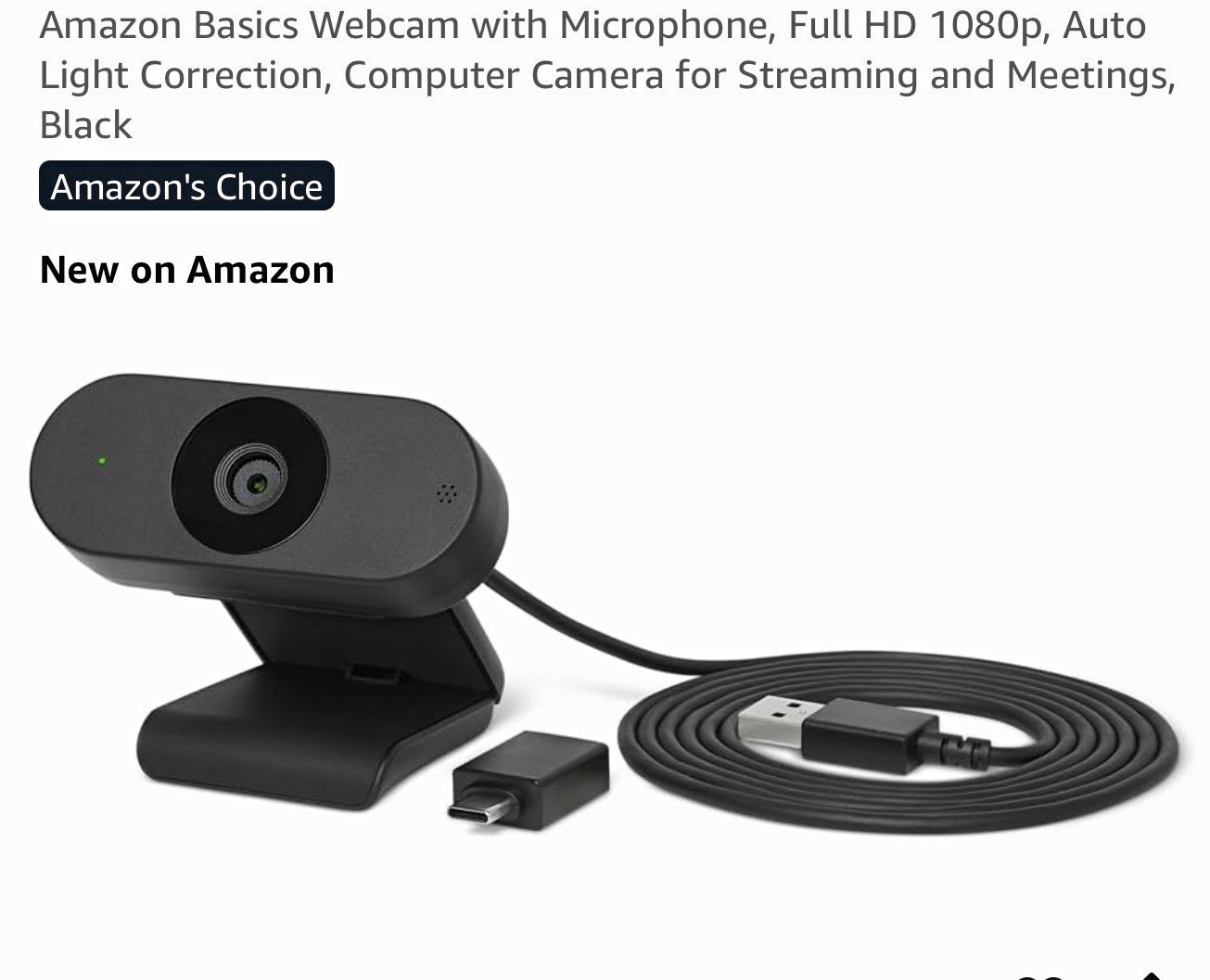 Amazon Basics 1080p Full HD USB Webcam Built-In Mic Auto Light Correction Black