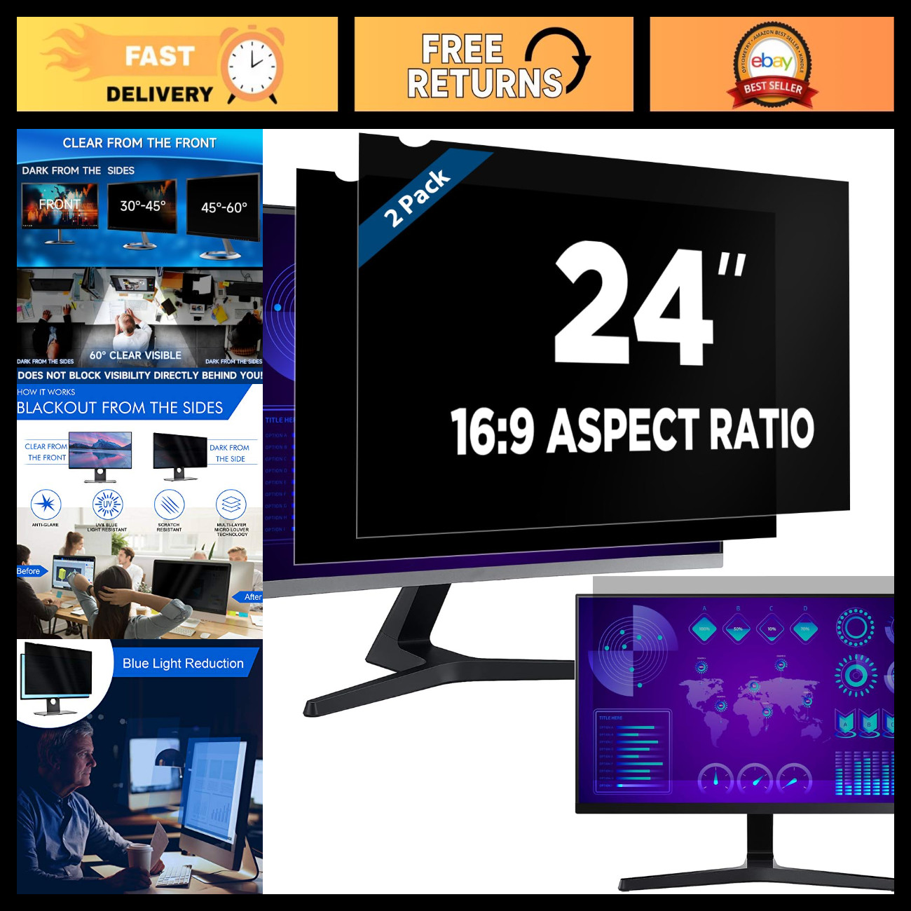 2-Pack 24" Computer Privacy Screen Filter for 16:9 Monitor - Anti-Glare, HD Clar