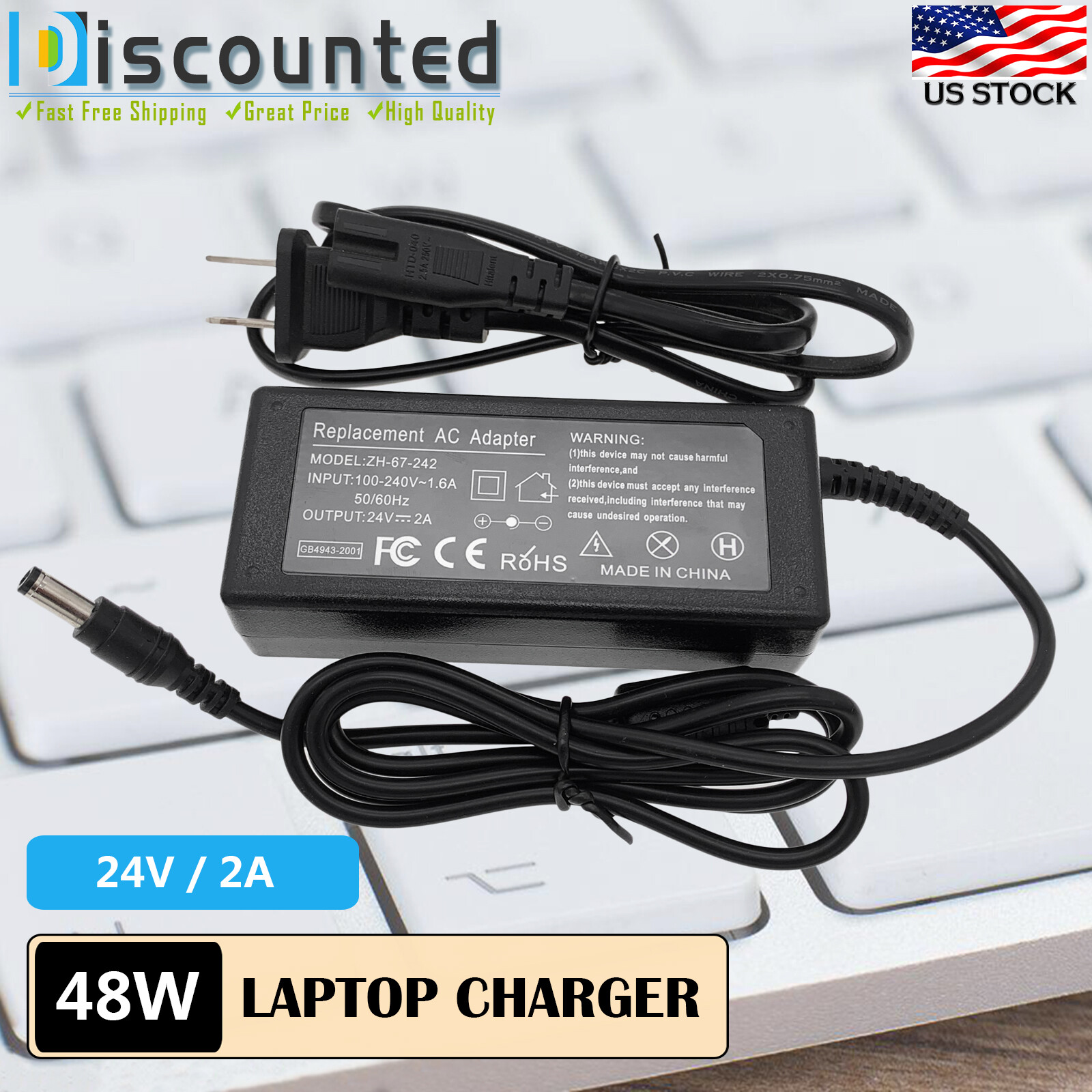 24V 2A AC DC Adapter Power Supply Cord Charger For LCD Monitor Printer 5.5mm Tip