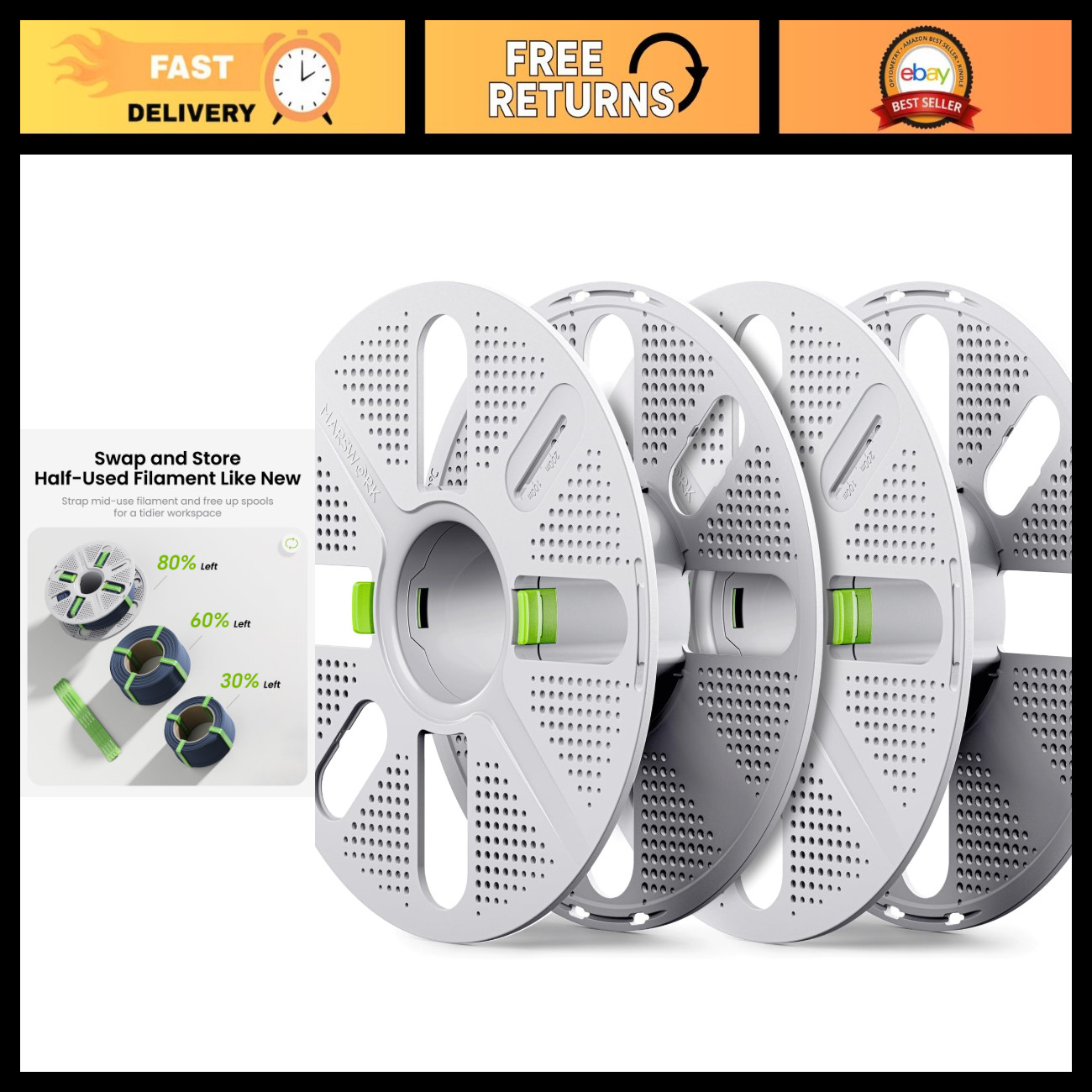2-Pack Quick-Swap Reusable Filament Spools for 3D Printing Refills, Eco-Friendly