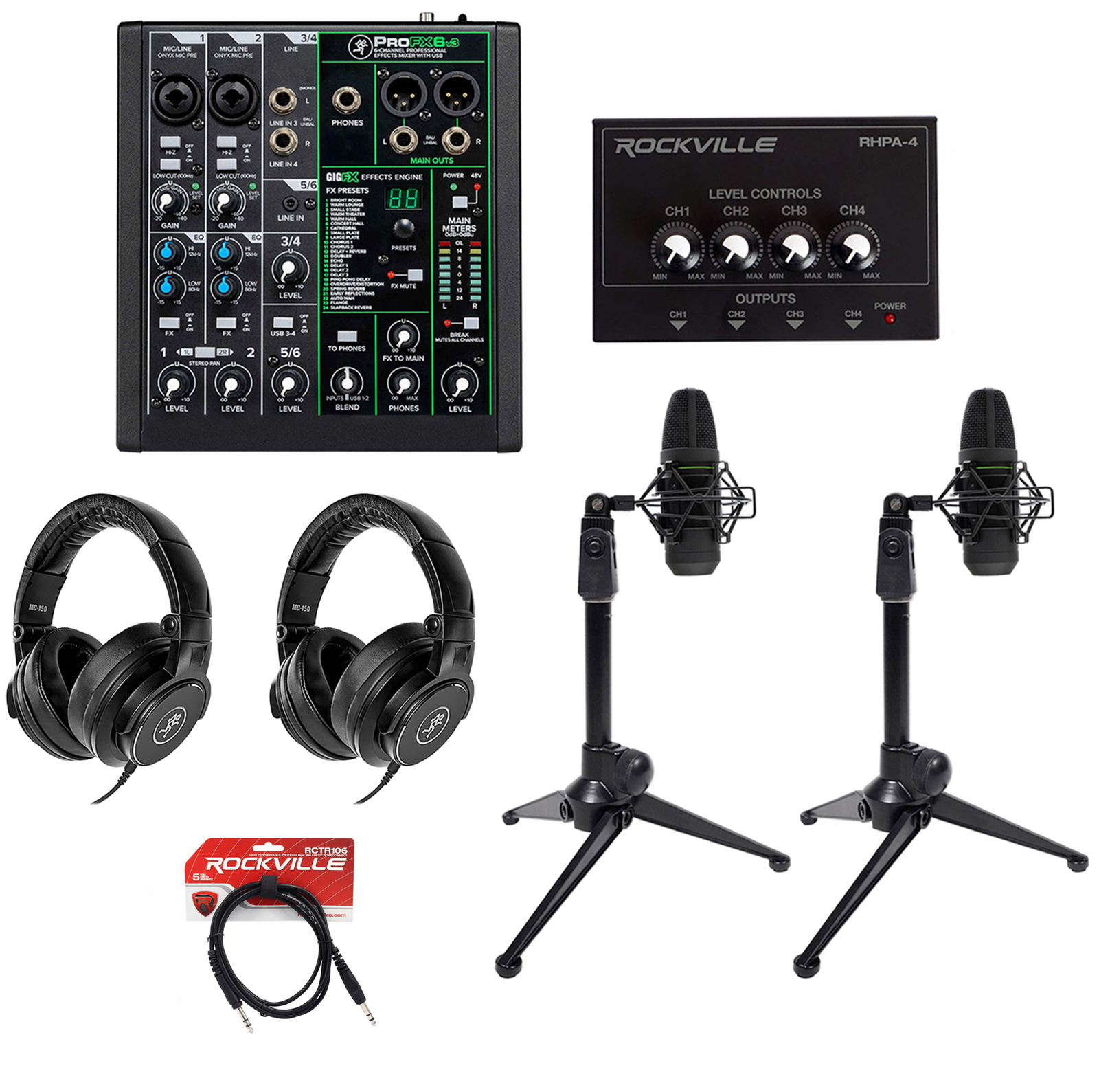 2-Person Podcast Podcasting Recording Kit w/Mackie ProFX6v3 Mixer+EM-91C Mics