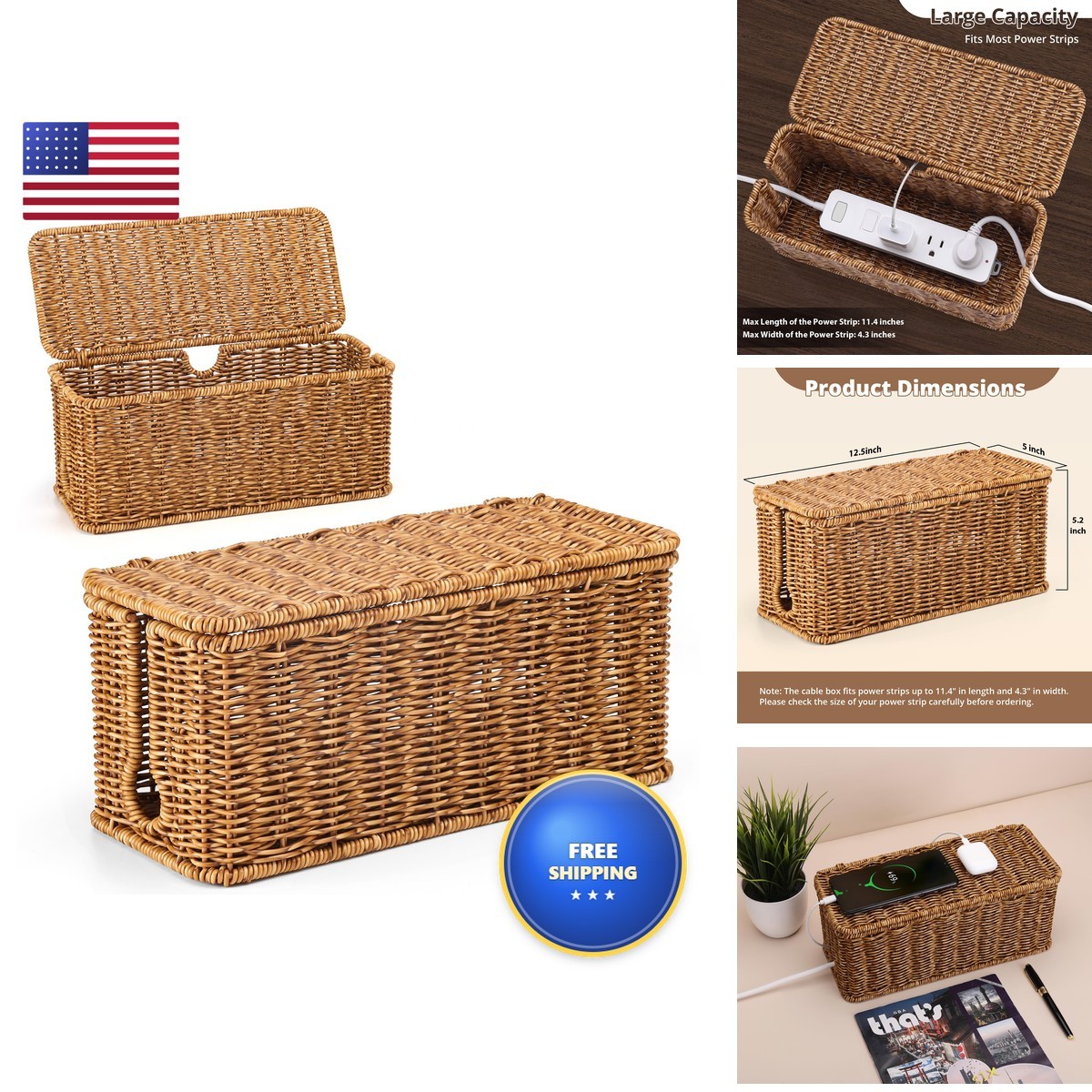 ZhiYo Rattan Cable Management Box Speckled Brown 12.5" x 5" x 5.2"