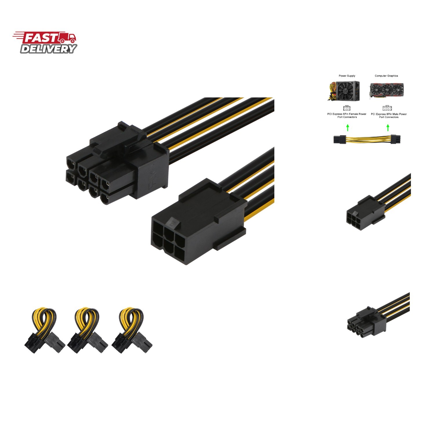 6 Pin to 8 Pin PCIe Express PCIe Graphics Video Card Power Cable Adapter 3 Pa...