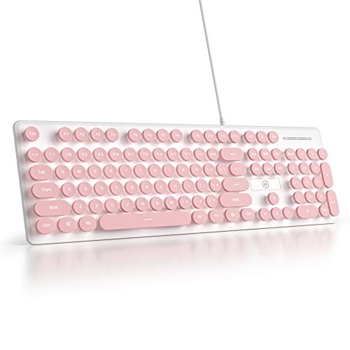 Wired Quiet Membrane Keyboard,Full Size 104-Keys Retro Punk Typewriter White LED