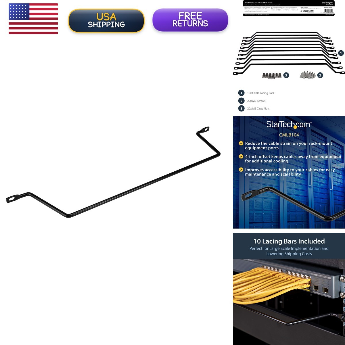 StarTech 10-Pack Lacing Bar 4in Offset 19in Rack Steel CMLB104