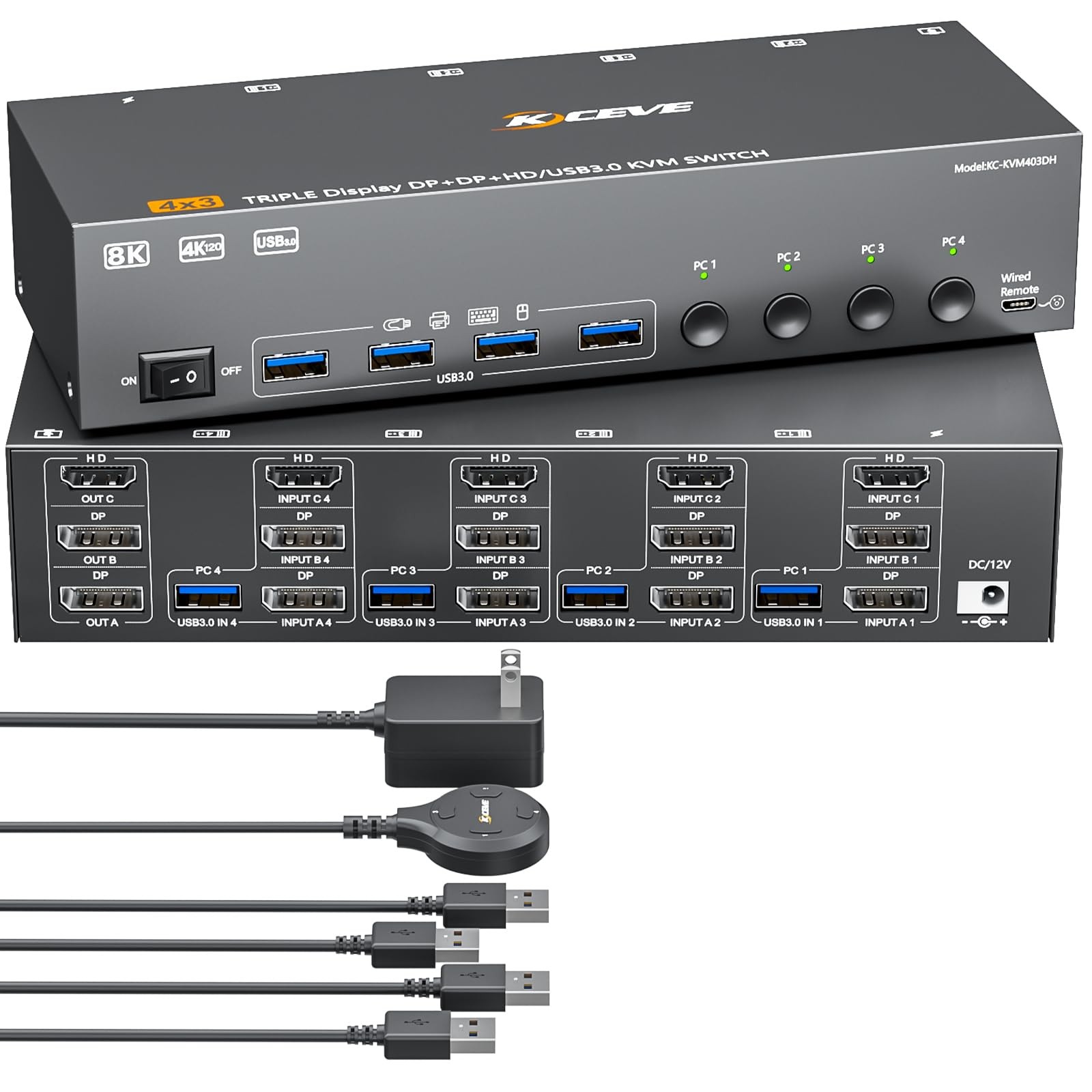 HDMI+2 Displayport KVM Switch 3 Monitors 4 Computers 8K@60Hz 4K@144Hz,4 Port ...