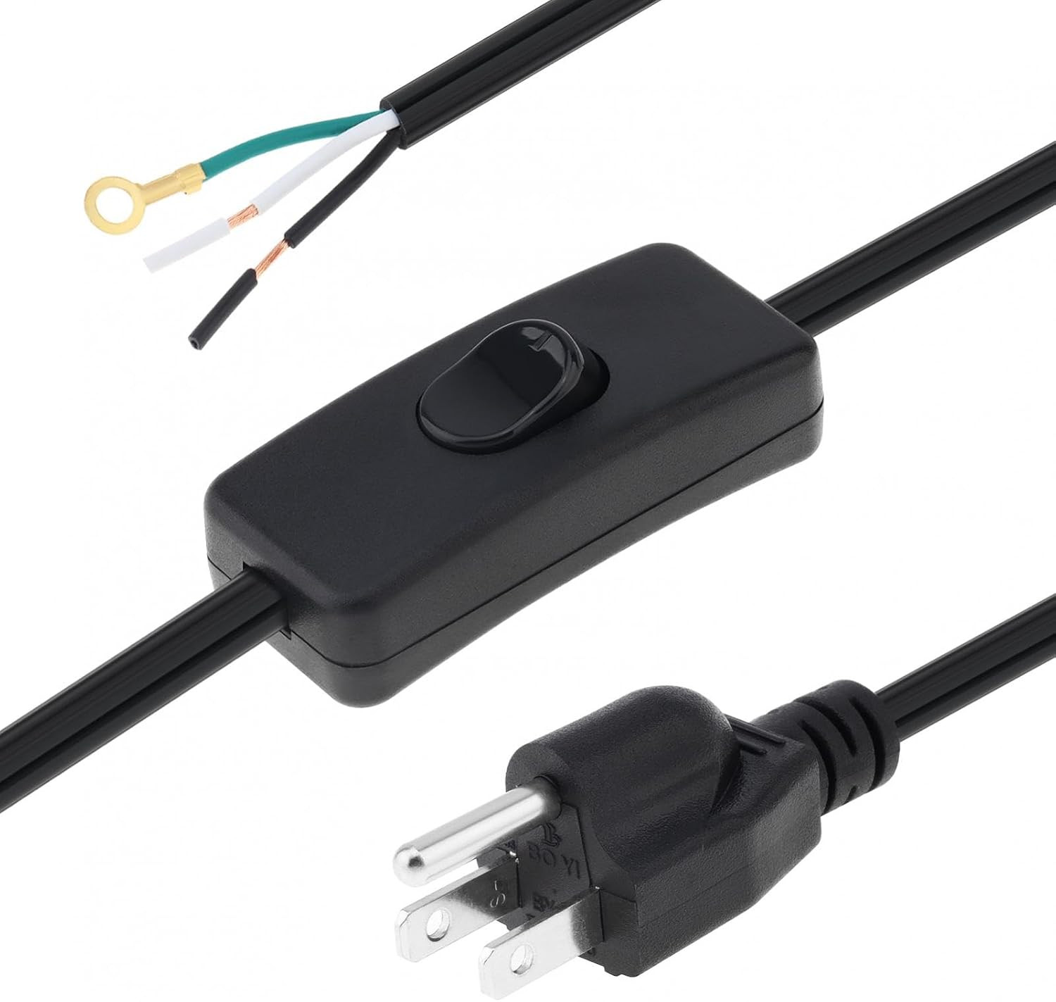 3-Prong Power Cord with Open Wiring & On/Off Switch(6Ft, Black)