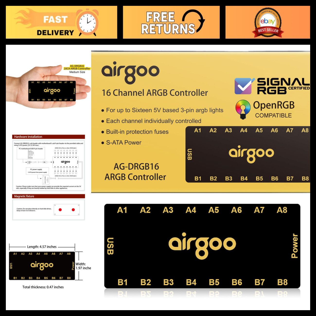 16-Port Magnetic USB ARGB Controller, SignalRGB & OpenRGB Compatible, RGB Lighti