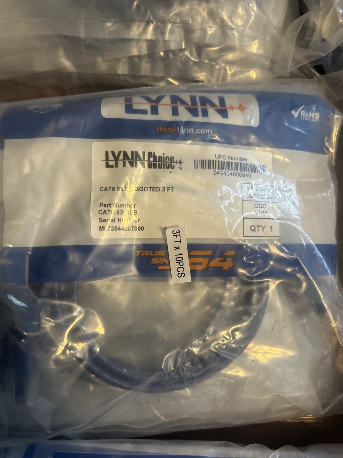 Cat 6 Blue Booted 3ft Lynn Choice In Packs of 10 New Sealed