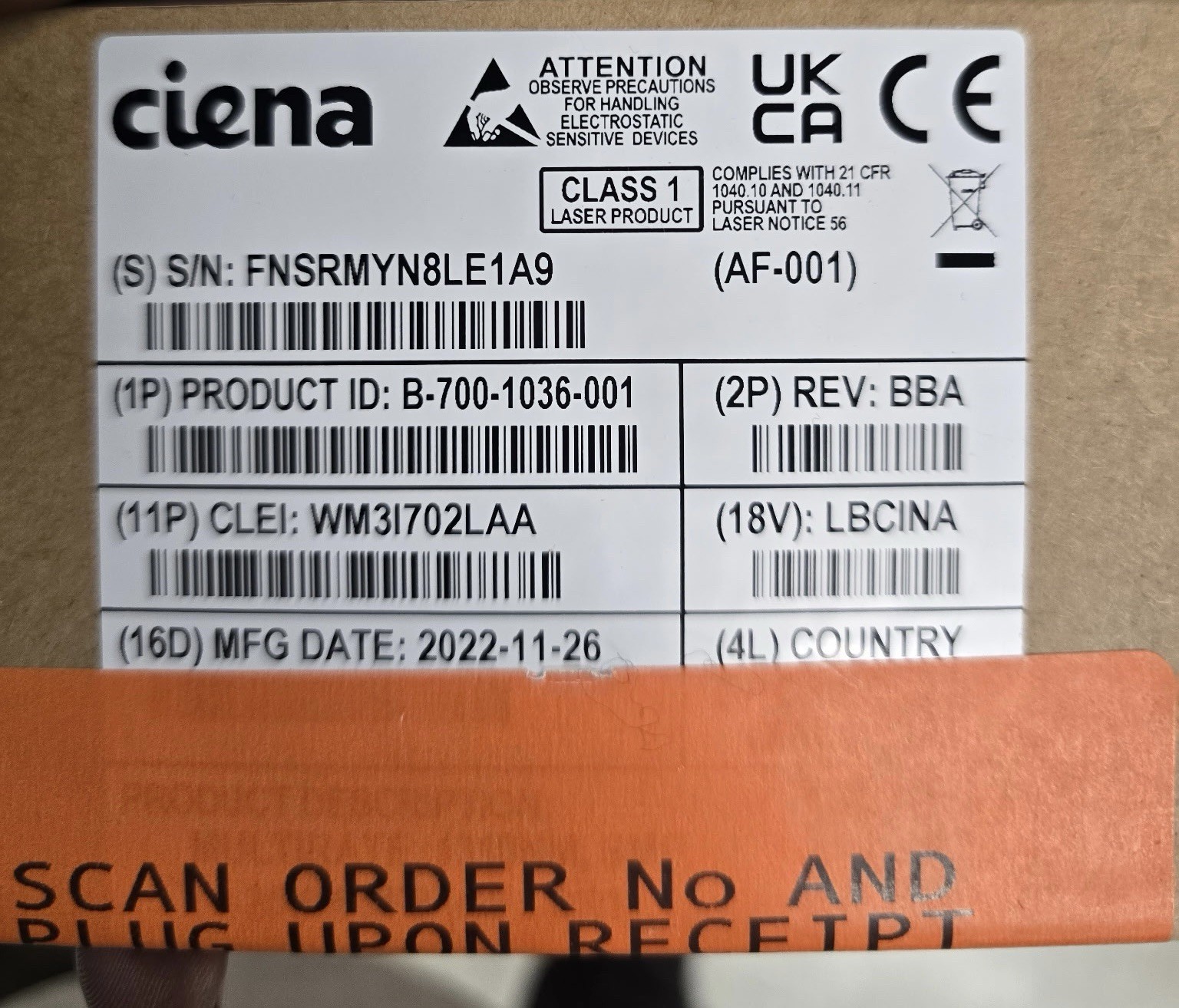 Ciena B-700-1036-001 SFP Module, 25km Optical Transceiver