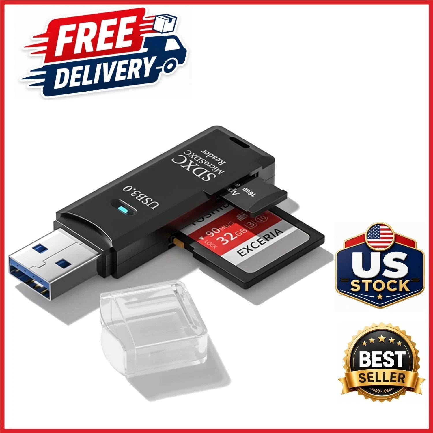 Dual Slot SD Card Reader USB 3.0 Adapter for Fast File Transfer Black