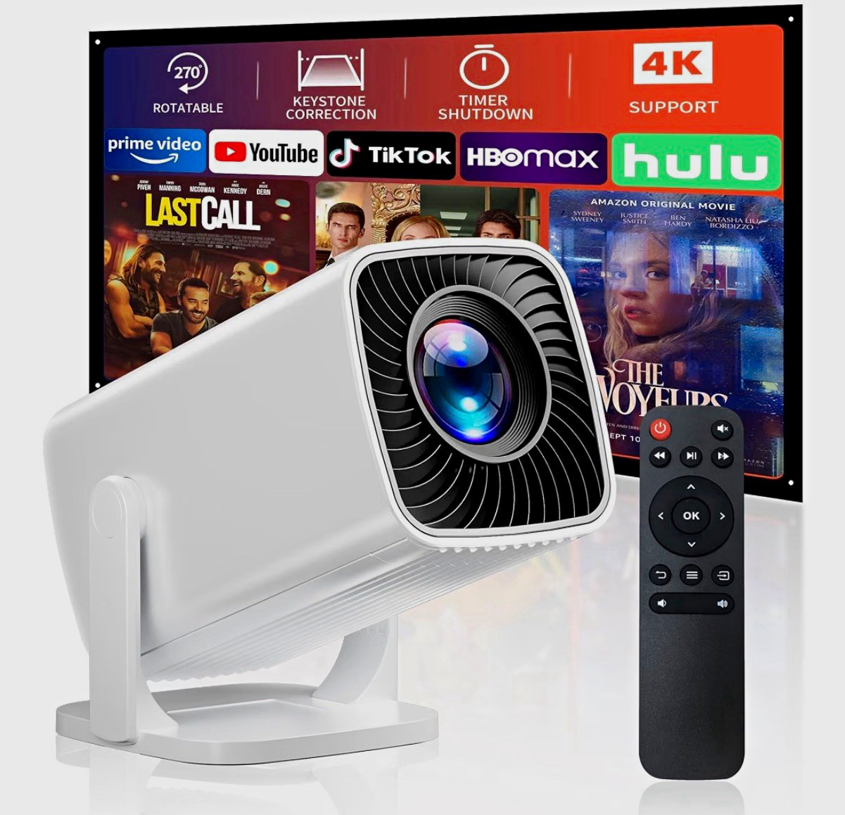 SAINYER Q100 Mini LED Projector 720p 4K Support White Remote Keystone