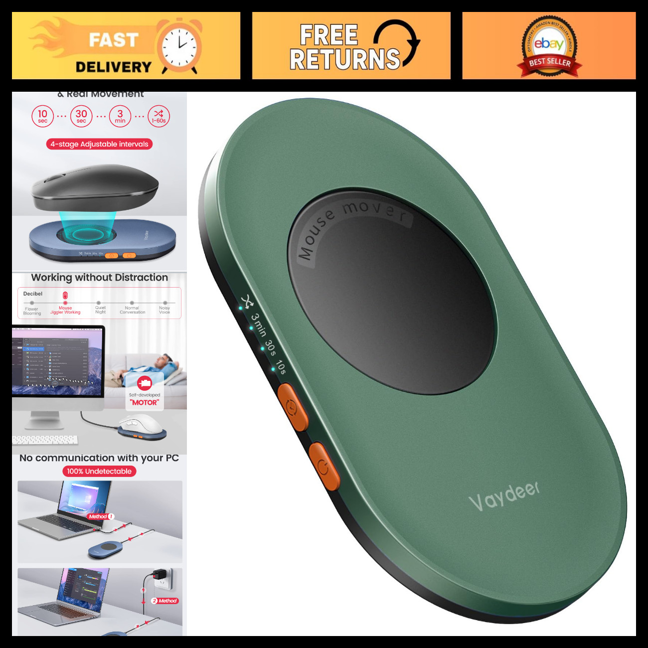 Ultra Slim Mouse Mover Jiggler, Adjustable Timer, Noiseless PC Activity Shaker