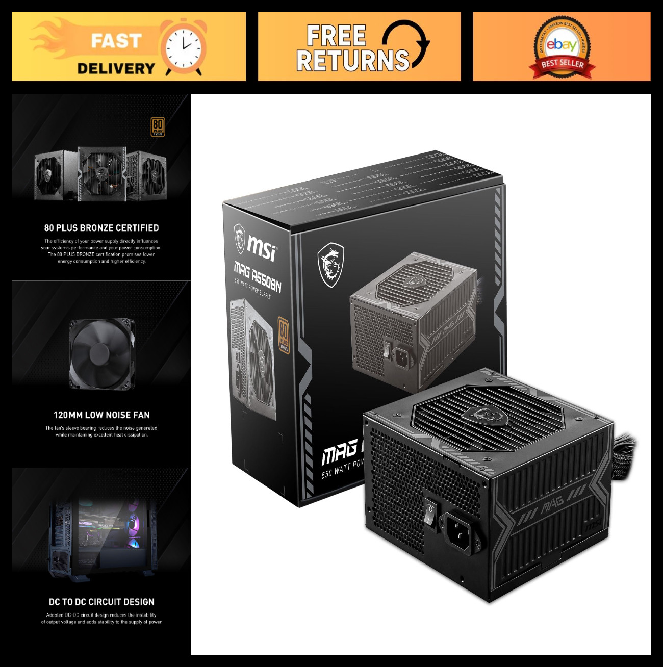 550W Compact Power Supply, 80+ Bronze, Low-Noise 120mm Fan, Active PFC, 5-Year W
