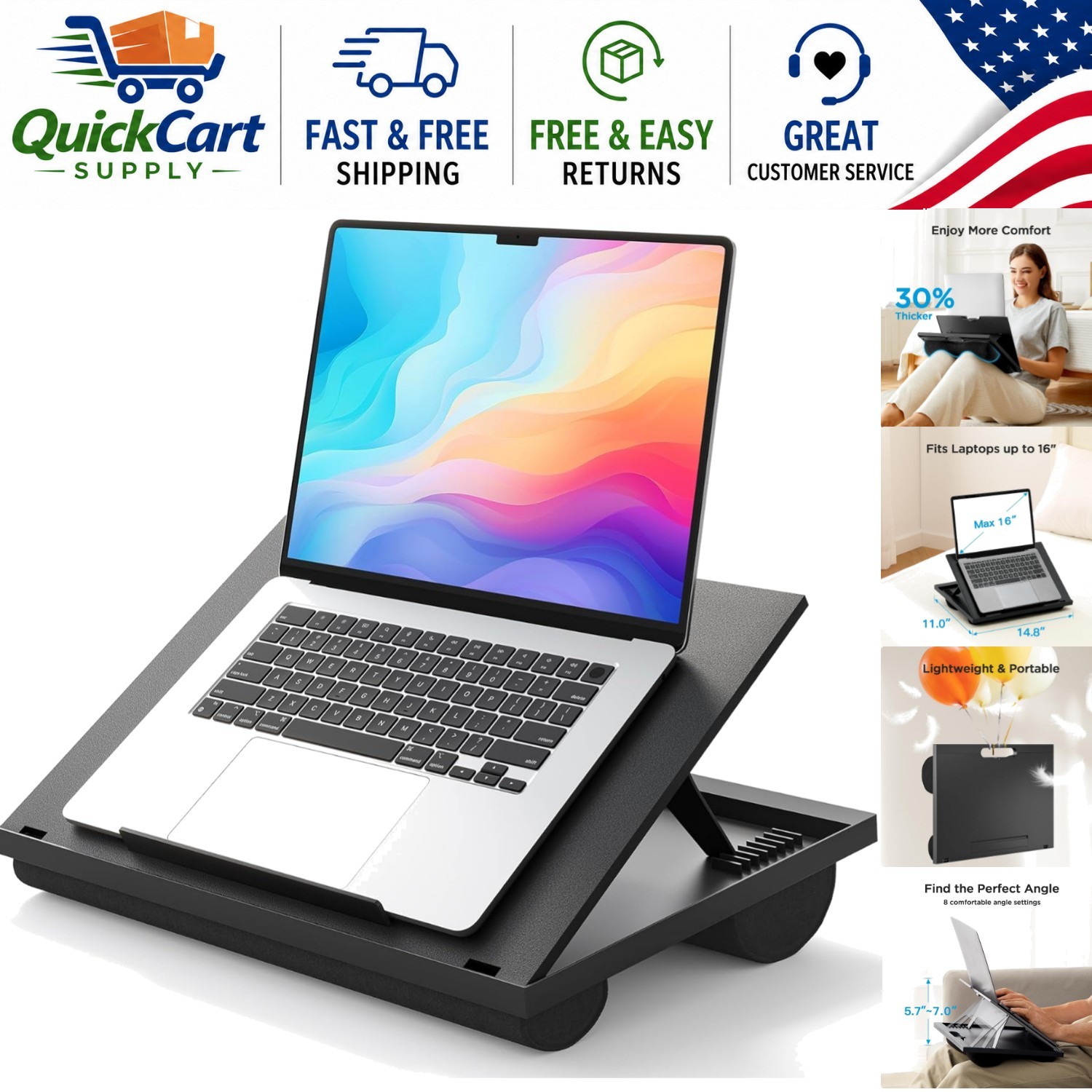 Lightweight Adjustable Lap Desk with Dual Cushions for Maximum Comfort - Black