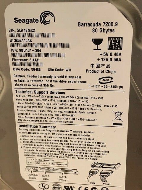 SEAGATE HDD ST3808110AS 80Gb 7200.9 3.5" SATA 8MB Cache 7200RPM 512n Block Size 
