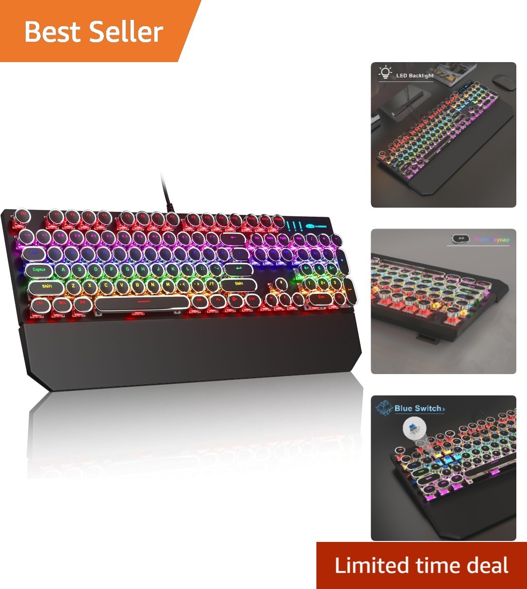 Ergonomic Retro Black Mechanical Keyboard with Clicky Switches & RGB Lighting