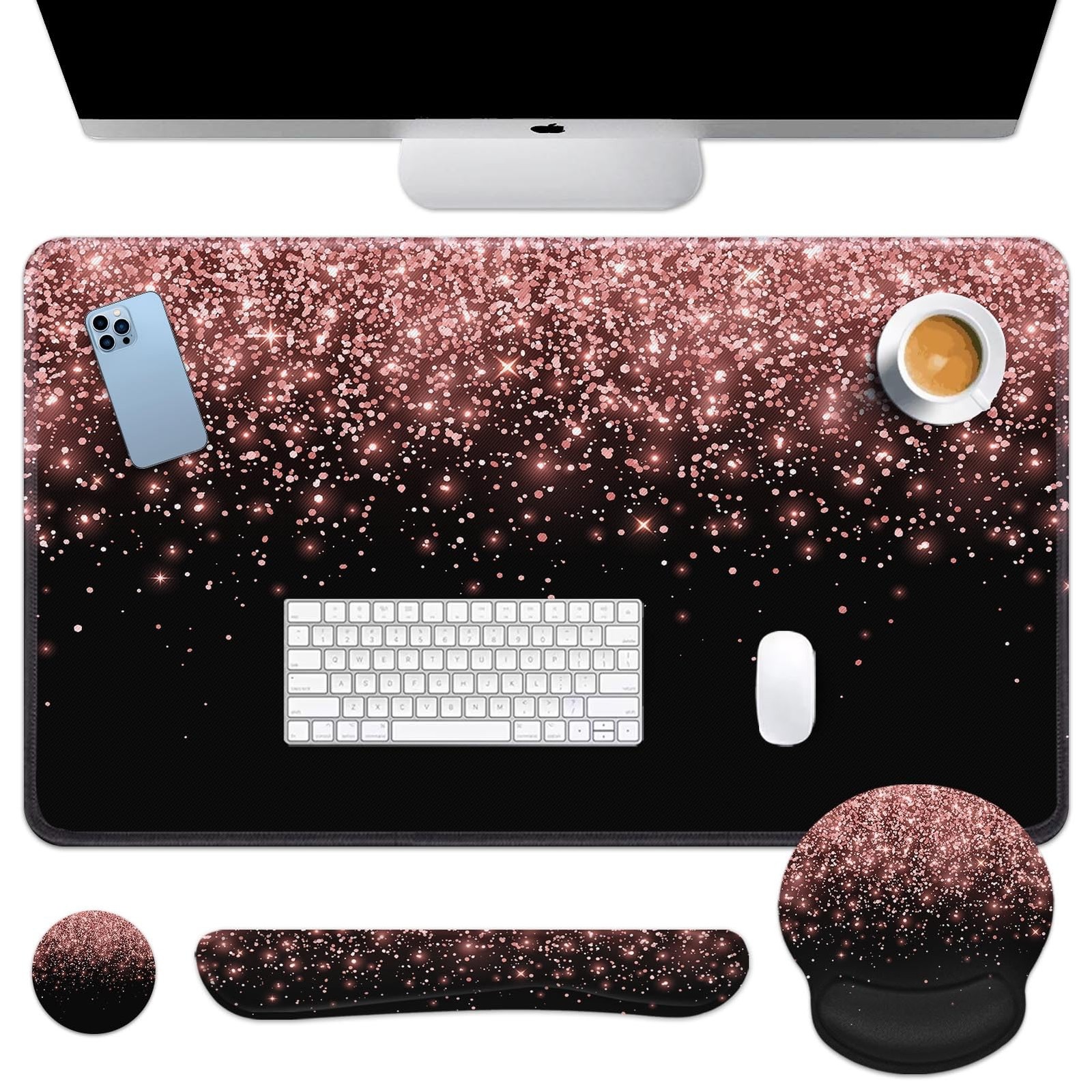 Keyboard Mouse Pad Set, 4 in 1 Desk Mat Set, Pink Rose Gold