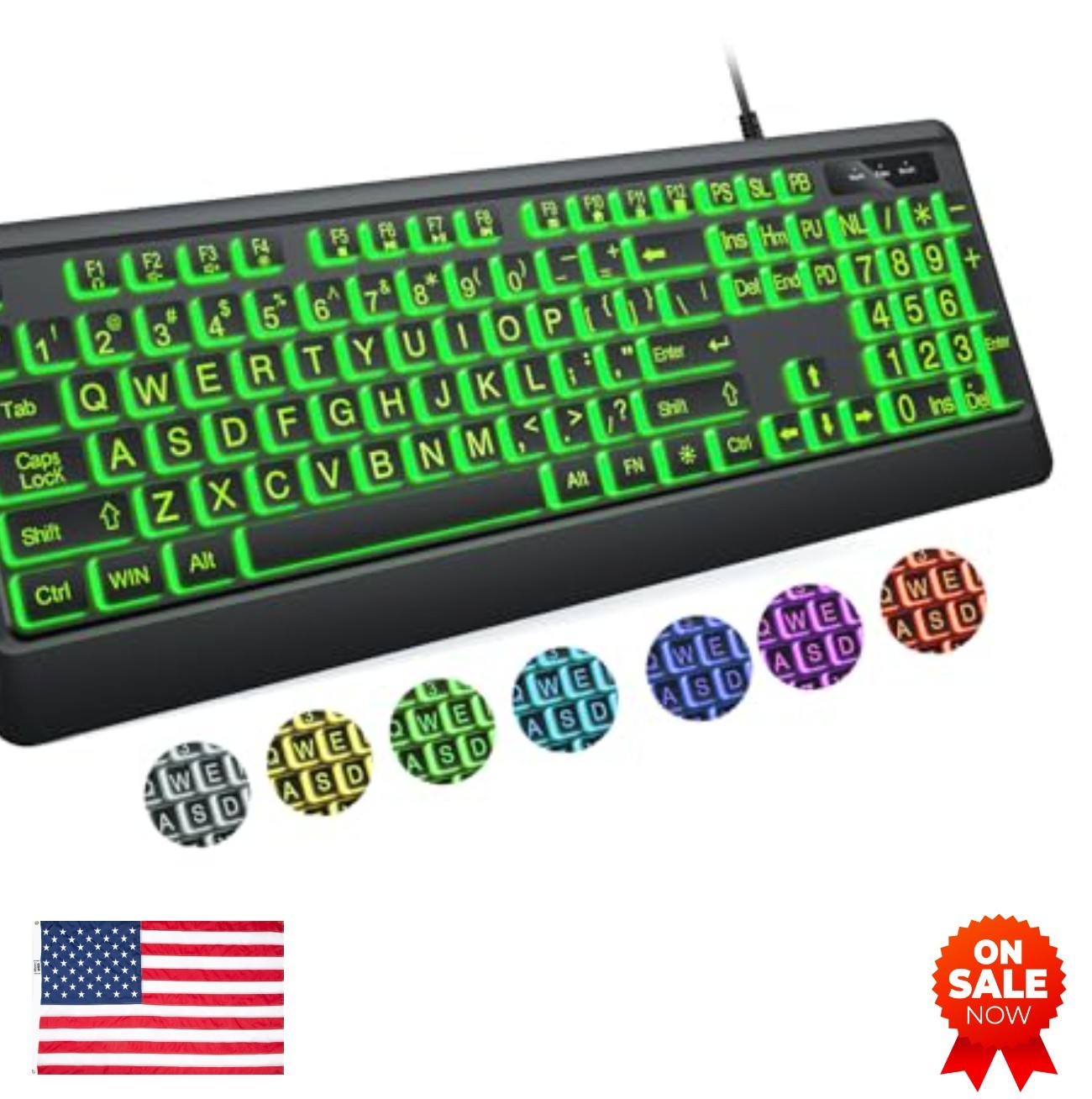 Large Print Keyboard USB Wired 104 Key Full Size Backlit 7 Colors Plug and Play