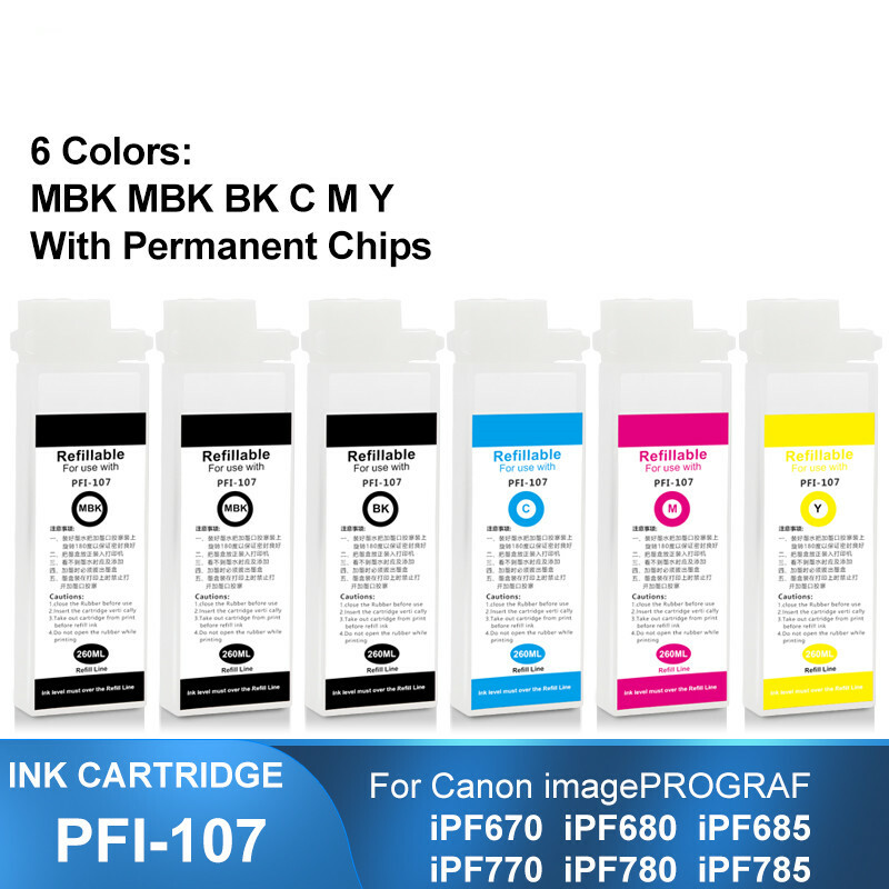 6PC PFI-107 Refillable Ink Cartridge With Chip For Canon iPF685 770 780 iPF785