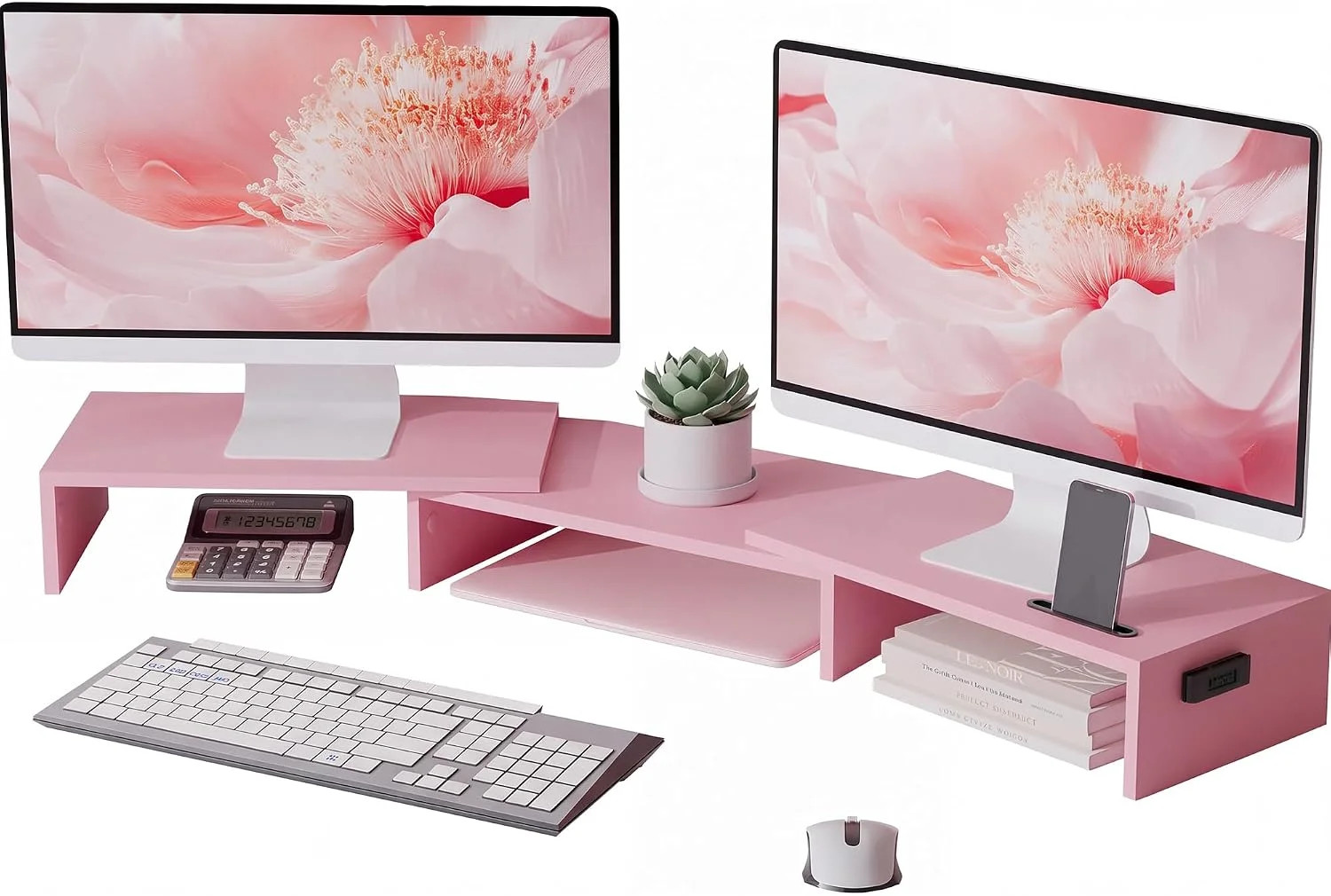 BONTEC Dual Monitor Stand Riser, Adjustable Length & Swivel Angle, Pink