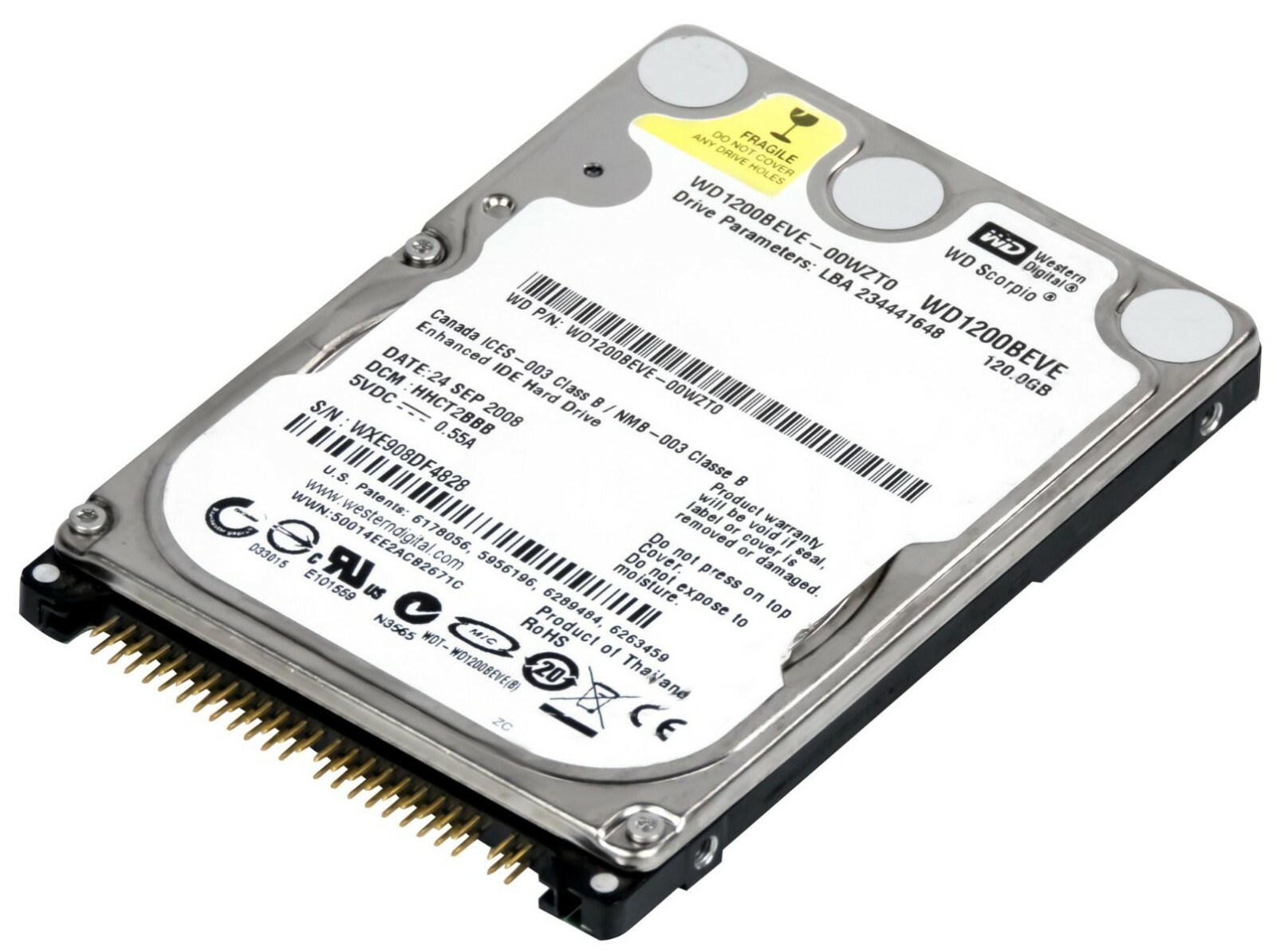 HARD DRIVE WD SCORPIO WD1200BEVE 120GB 5400RPM 8MB PATA / ATA / IDE 2.5" inch