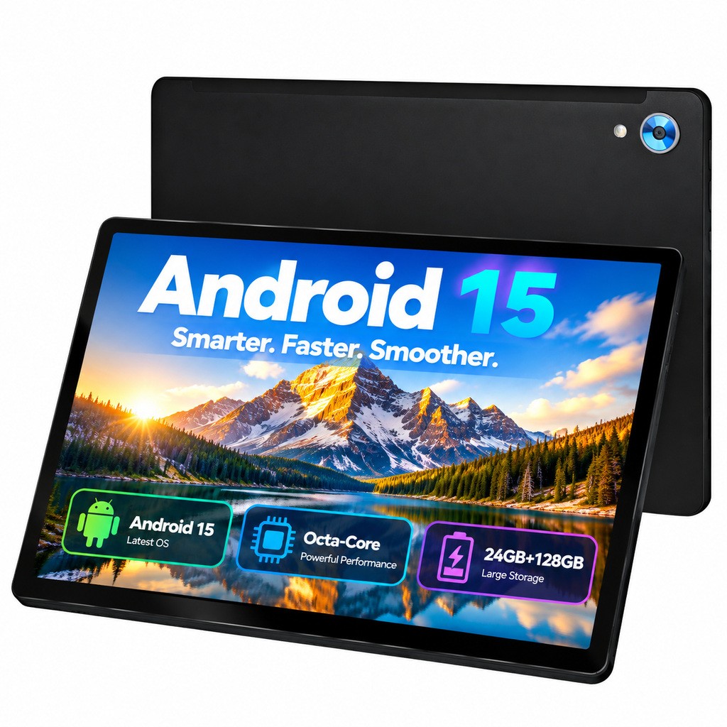 WiFi6 Dual Band Android 15 Tablet 10" Touchscreen Dual Camera 24GB RAM 128GB ROM