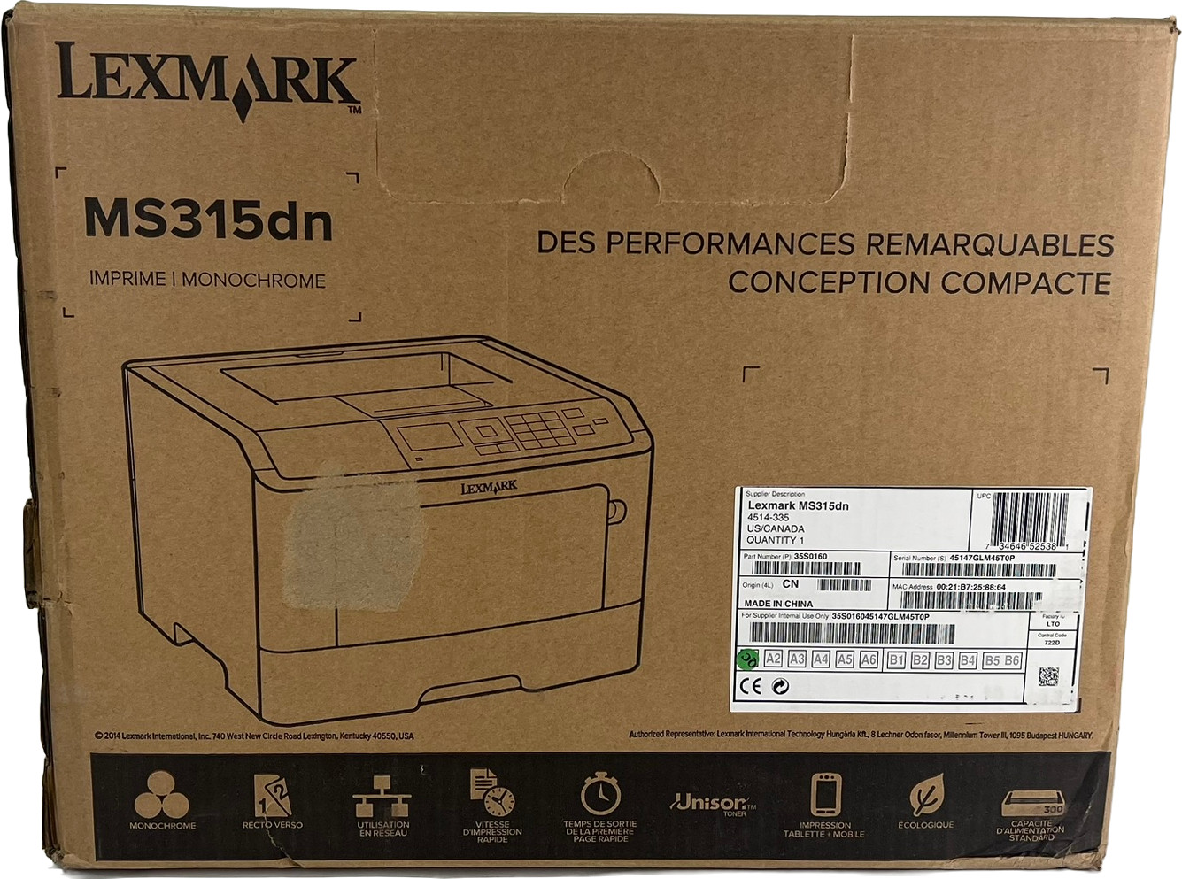 Lexmark MS315dn Mono Laser Printer Duplex Network 35S0160 New in Box (SG)