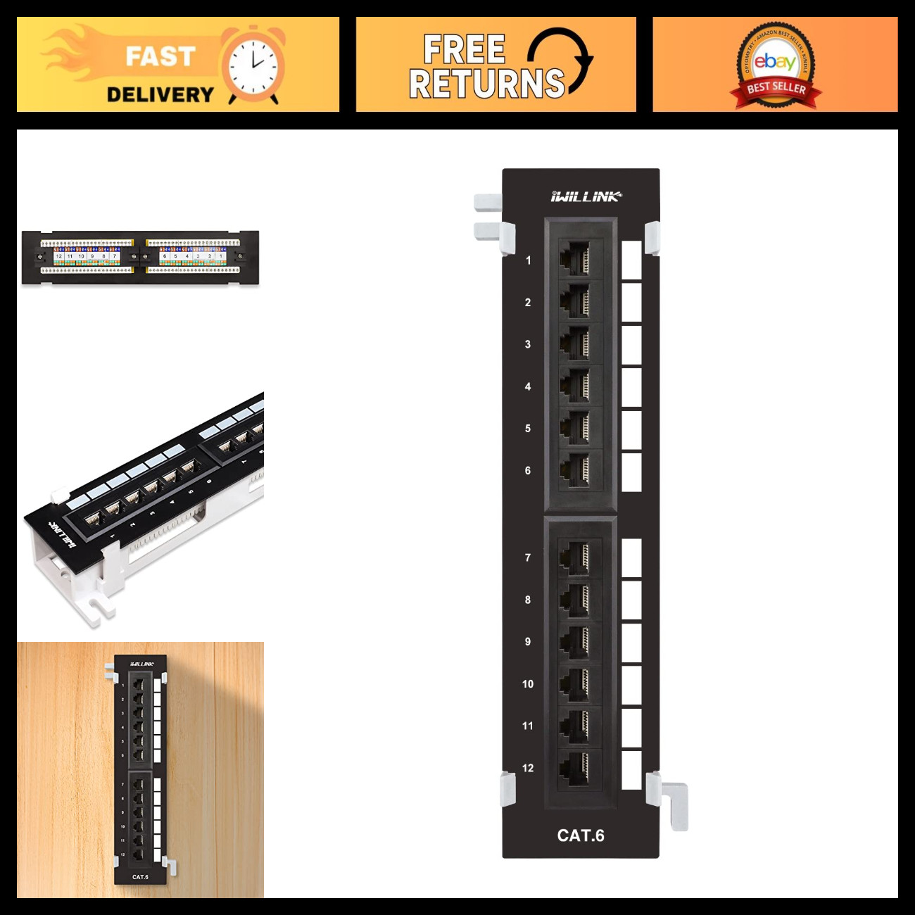 12-Port Mini Vertical Cat6 Patch Panel, RJ45 10Gbps Ethernet Network Switch