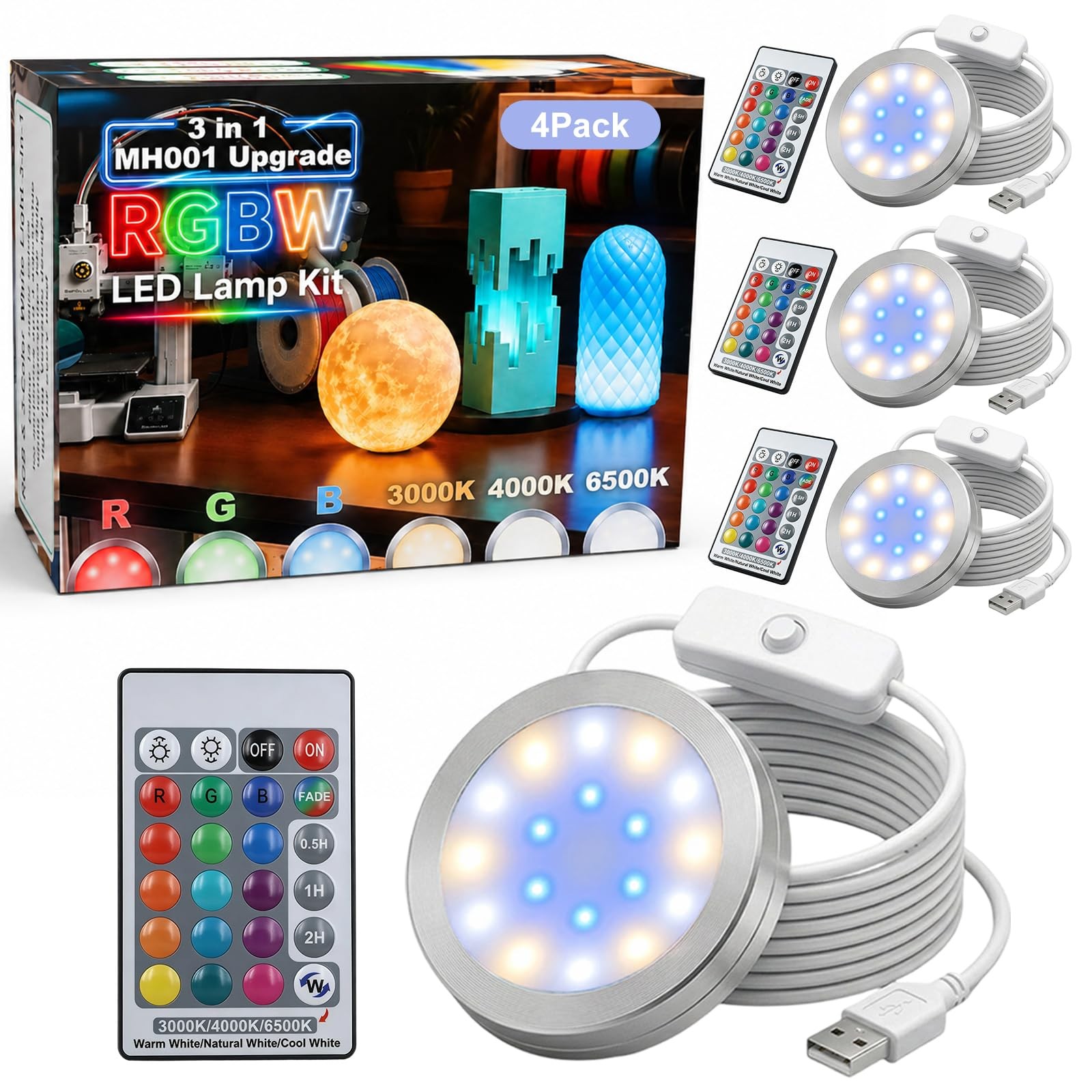 4PCS High Brightness RGBW LED Lamp Kit 001 for Bambu Lab 3D Printed Lamps