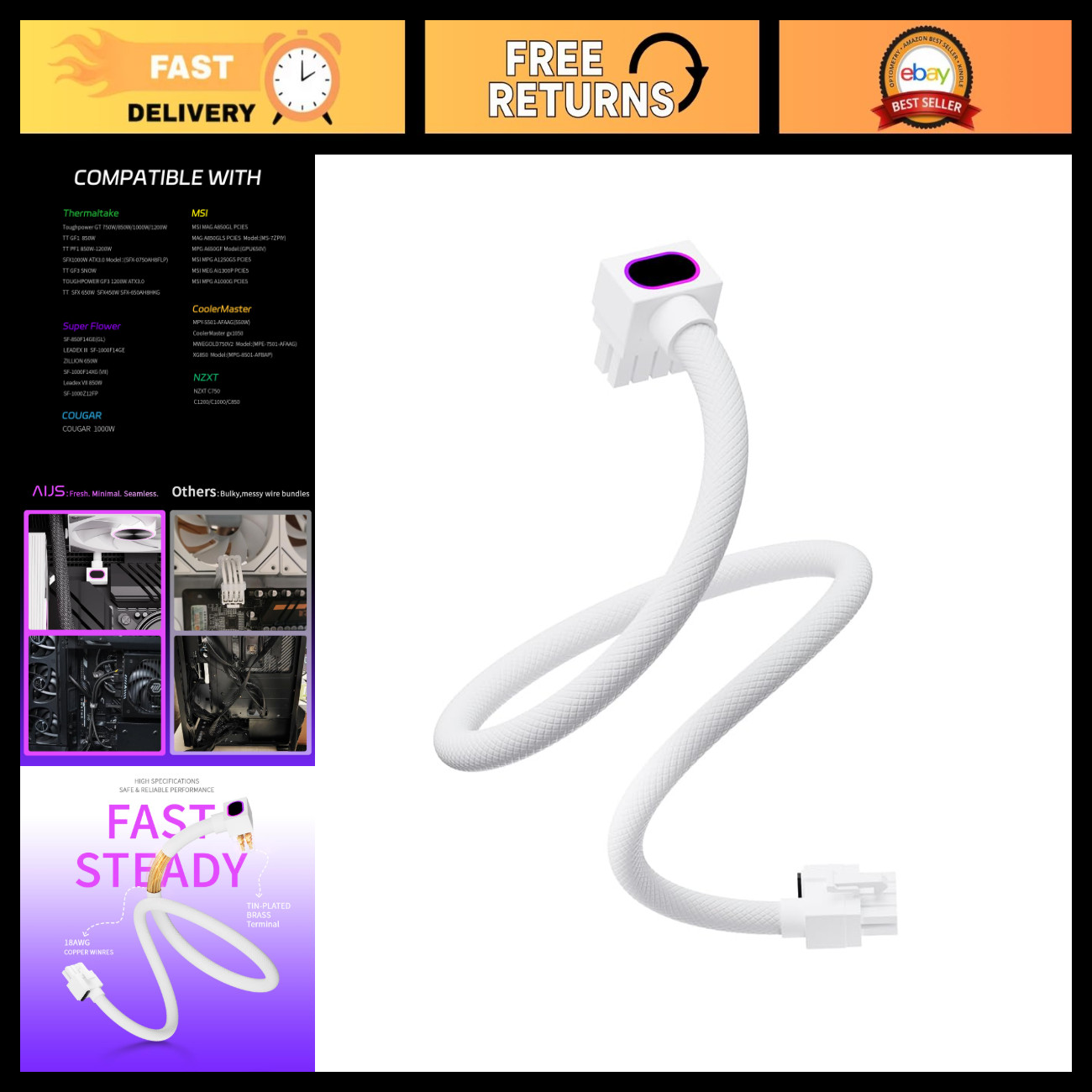 90° ARGB 8 Pin EPS Modular CPU Cable, 70CM White, High-Performance Power Connect