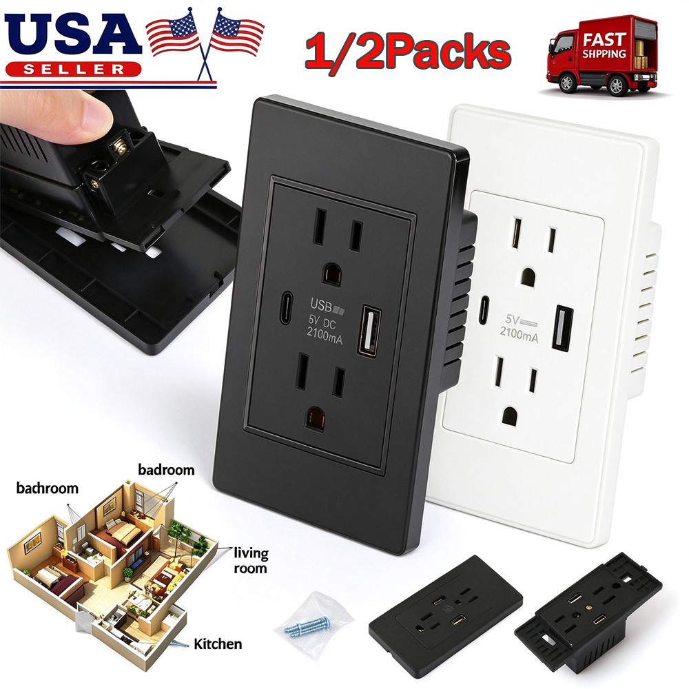 Dual Wall Outlet with USB Ports Charger AC Power Receptacle Plate Panel 15A 120V