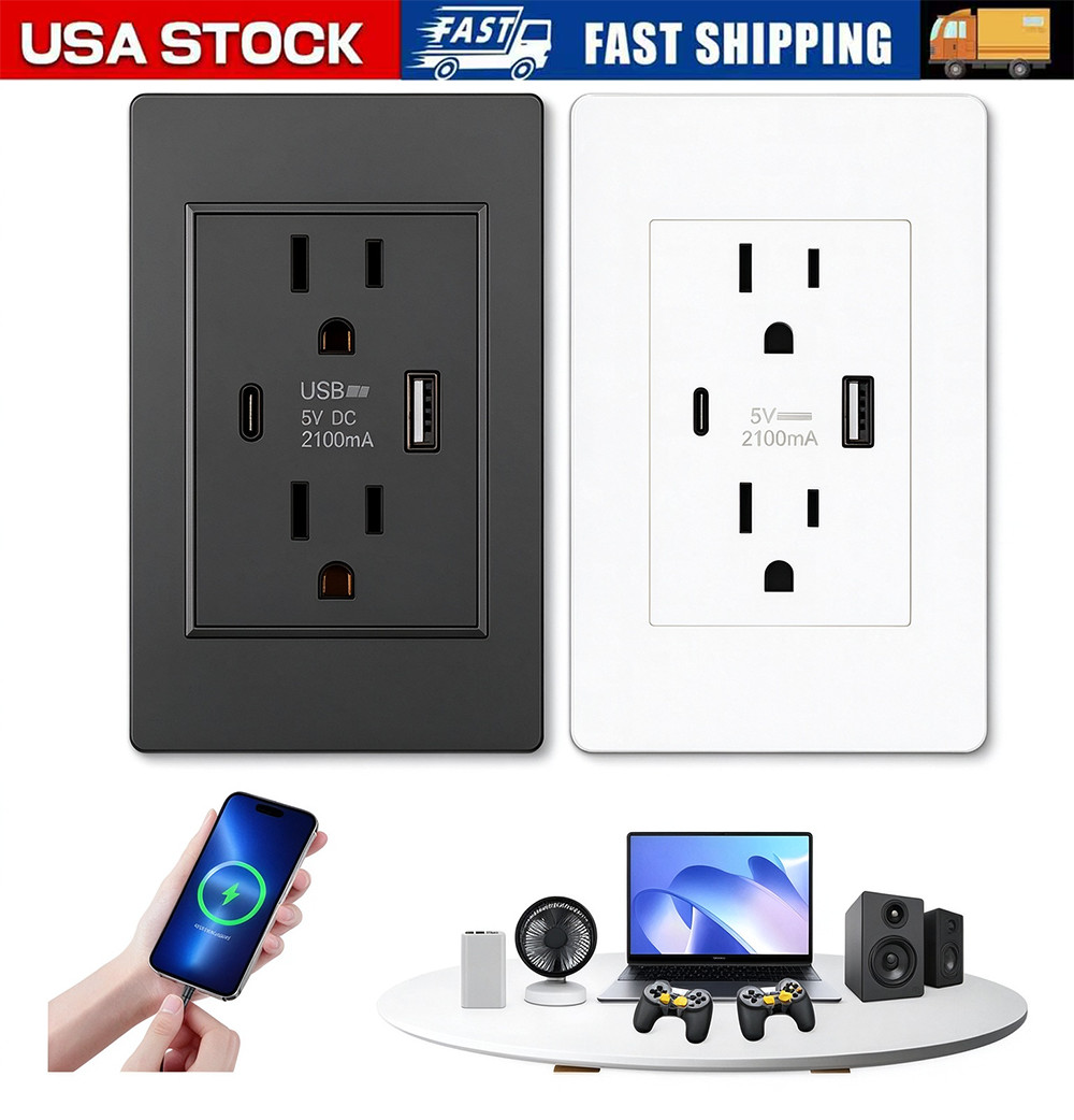 Dual Wall Outlet with USB Ports Charger AC Power Receptacle Plate Panel 15A 120V
