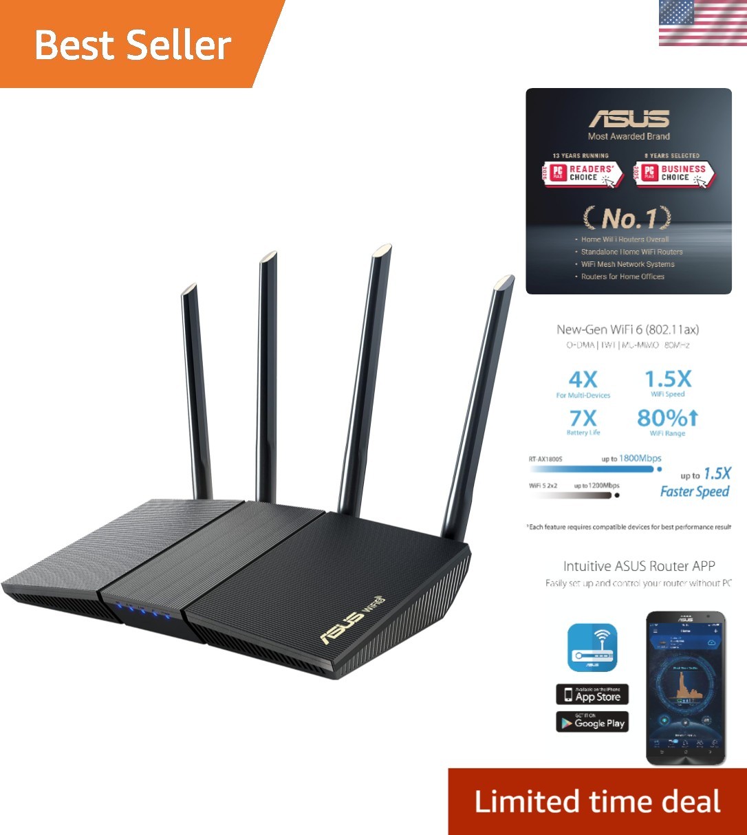 RT-AX1800S Dual Band WiFi 6 Extendable Router, Subscription-Free Network Secu...