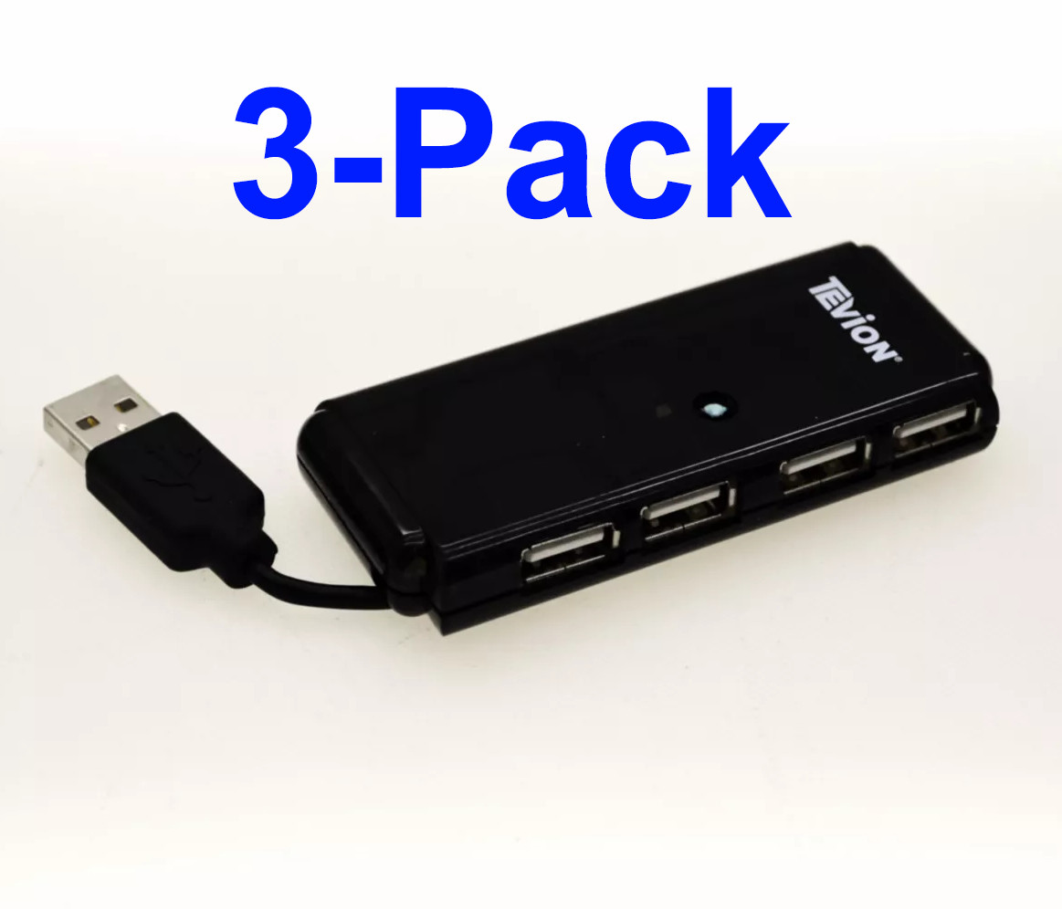 Pocket-Size 4 Port USB 2.0 High Speed Hub for PC Laptop Black LED (3-Pack)